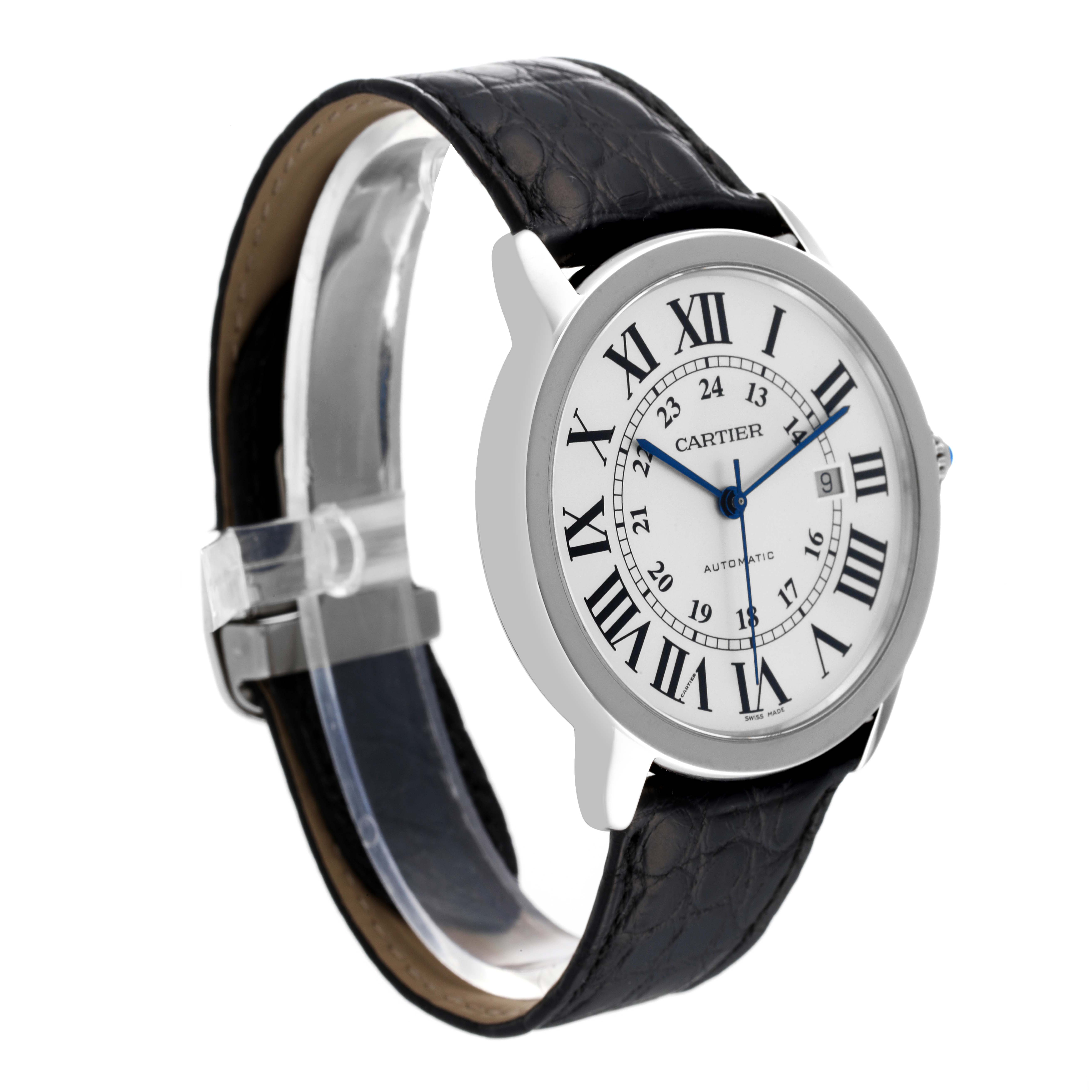 The image shows a Cartier Ronde W6701011 Men
s Stainless Steel Silver Dial W6701011 Men
s Stainless Steel Silver Dial watch at a slight angle, displaying its face, leather strap, and part of its buckle.