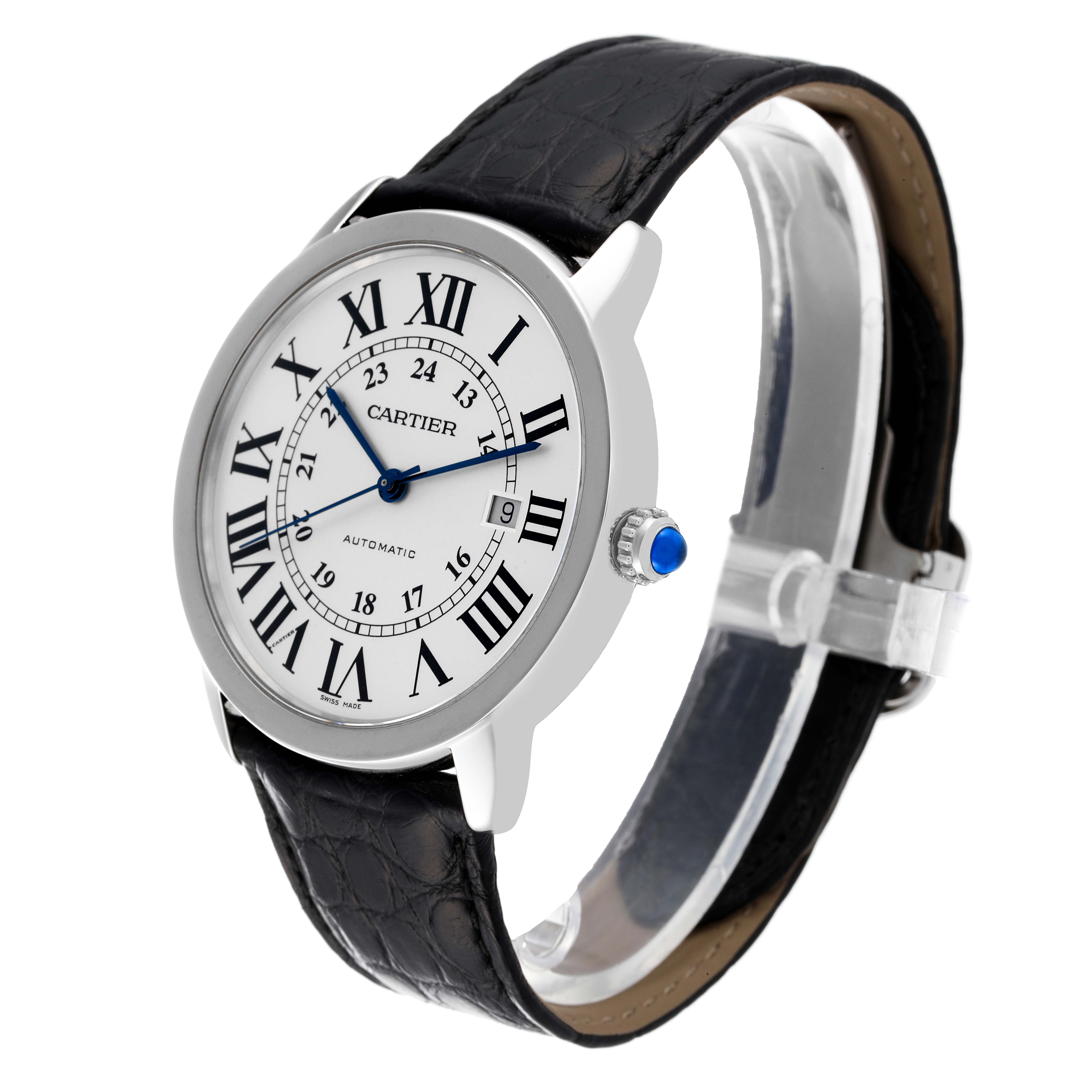 The Ronde model by Cartier is shown at a three-quarter angle, displaying its face, bezel, crown, and leather strap.