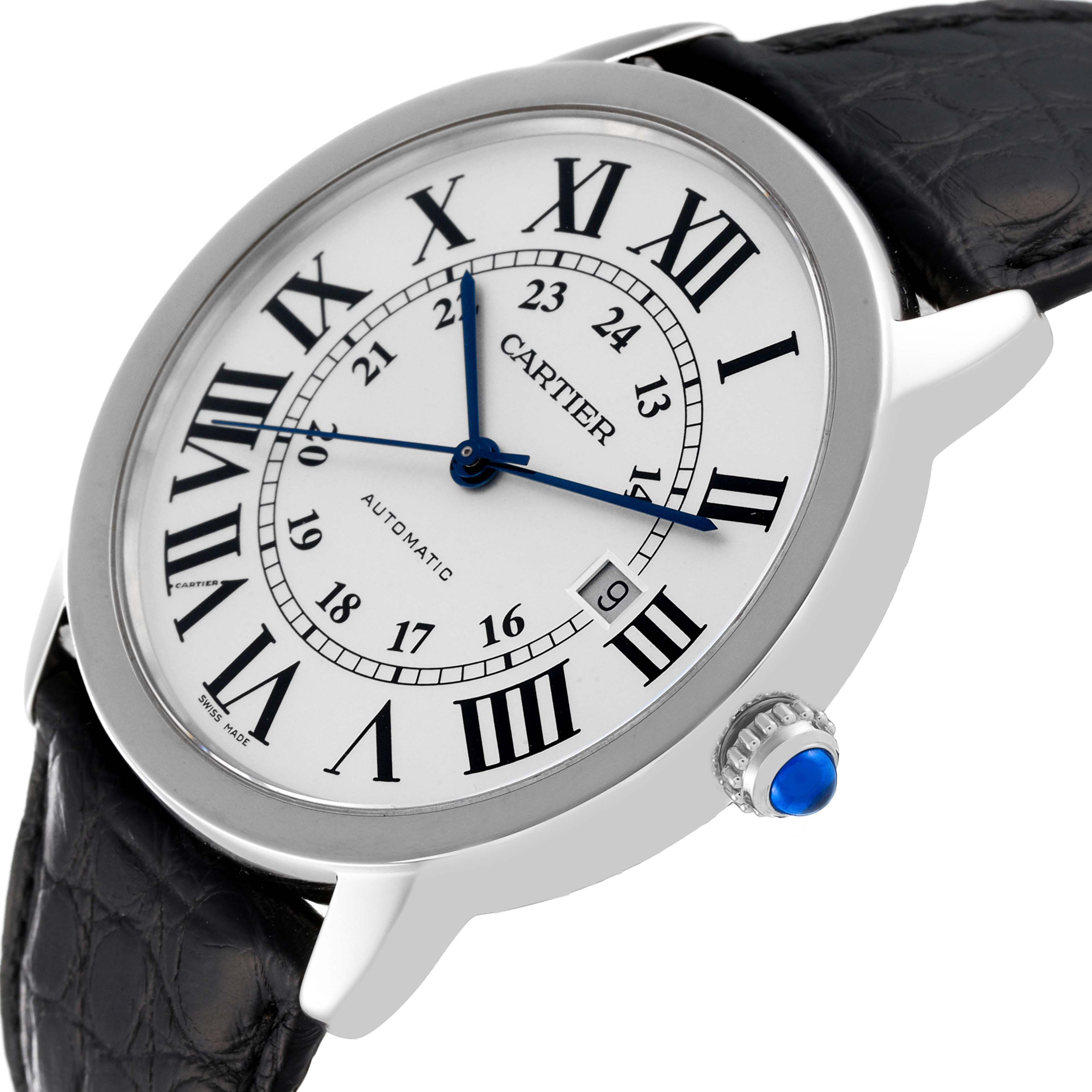 This image shows a Cartier Ronde W6701011 Men
s Stainless Steel Silver Dial W6701011 Men
s Stainless Steel Silver Dial model watch at an angled view, highlighting the dial, Roman numerals, and crown with a blue cabochon.