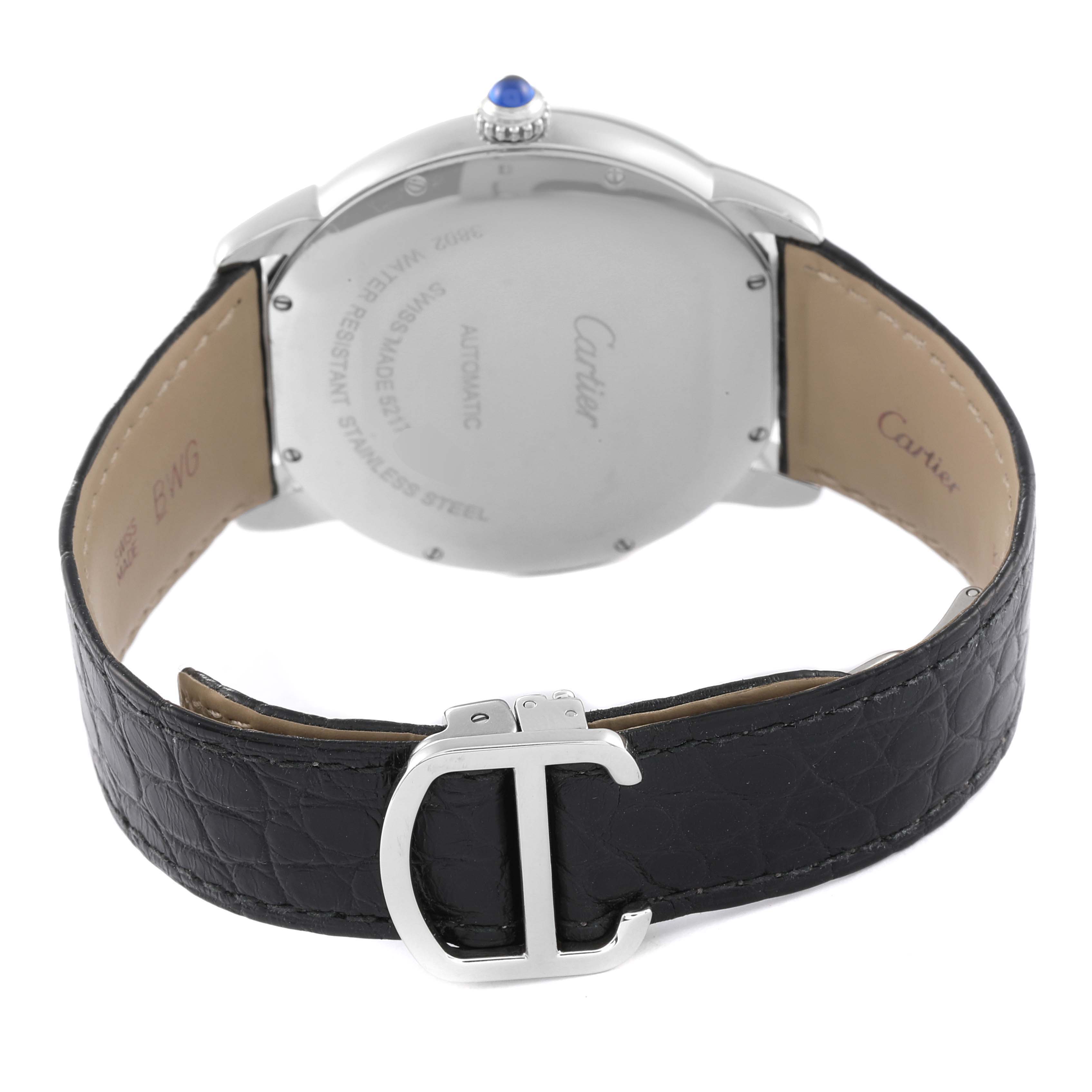 This image shows the back view of a Cartier Ronde W6701011 Men
s Stainless Steel Silver Dial W6701011 Men
s Stainless Steel Silver Dial watch, highlighting its case back, leather strap, and deployment clasp.