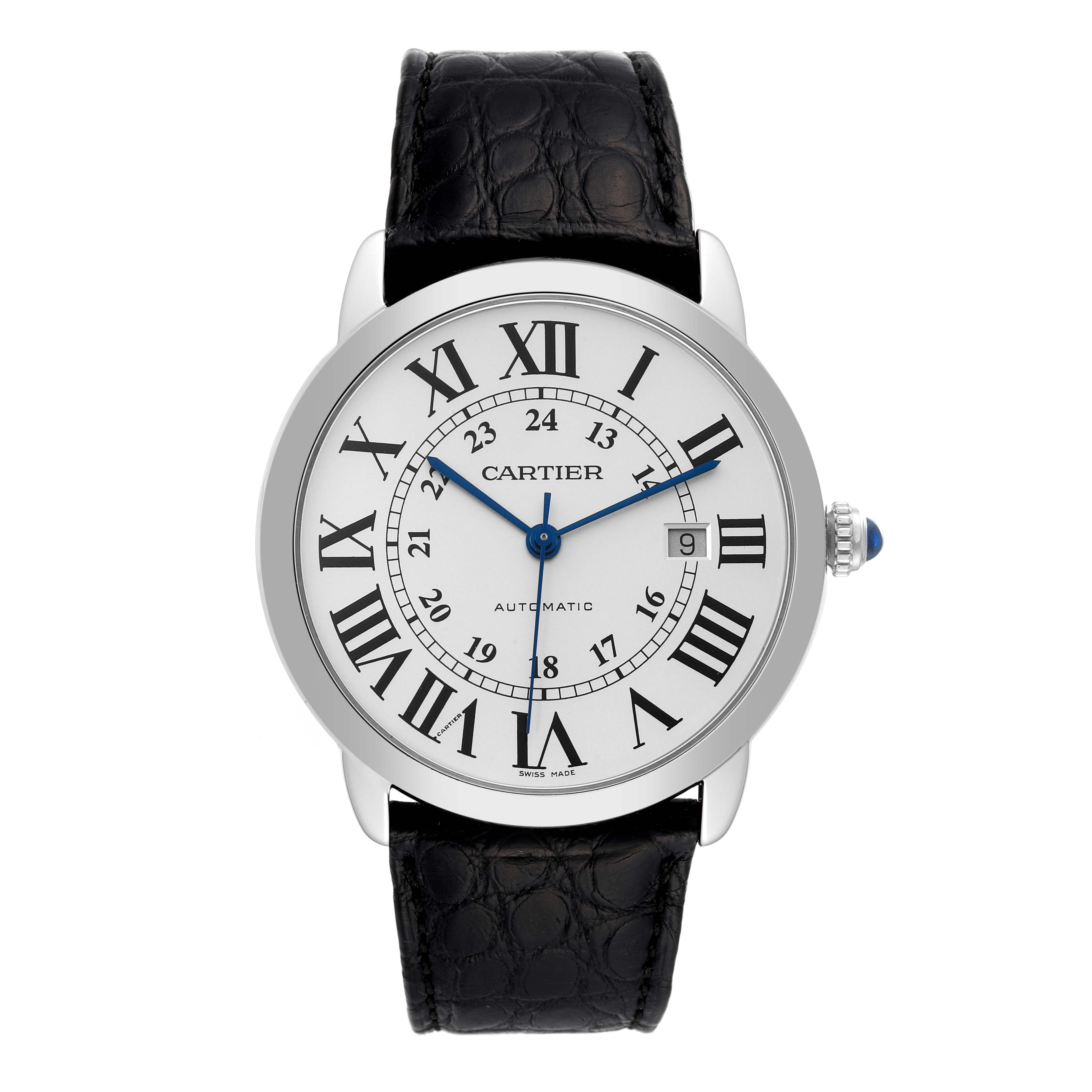 The image shows a front view of the Cartier Ronde W6701011 Men
s Stainless Steel Silver Dial W6701011 Men
s Stainless Steel Silver Dial watch, displaying its dial, Roman numerals, and black leather strap.