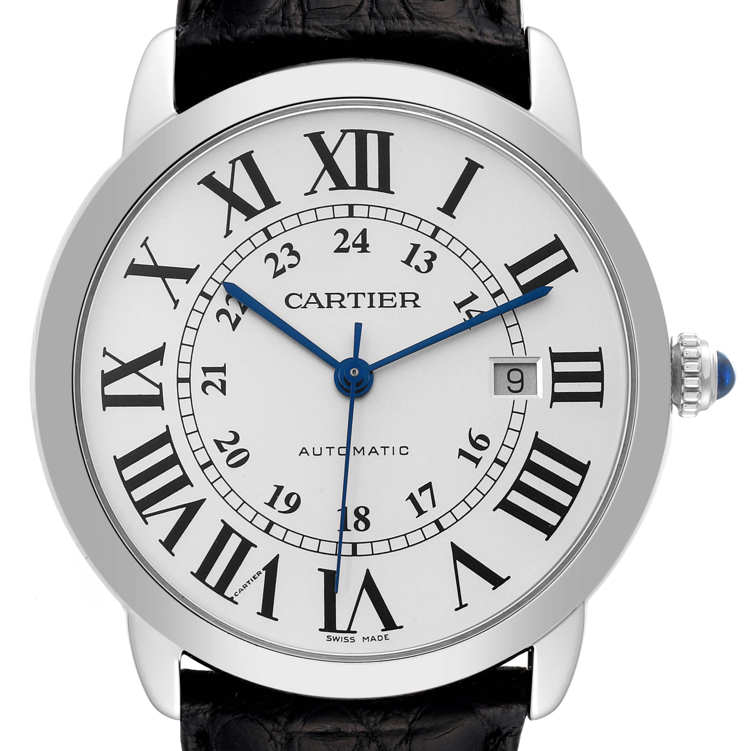 This image shows a front view of the Cartier Ronde W6701011 Men
s Stainless Steel Silver Dial W6701011 Men
s Stainless Steel Silver Dial model watch, highlighting the face, Roman numerals, and date window.
