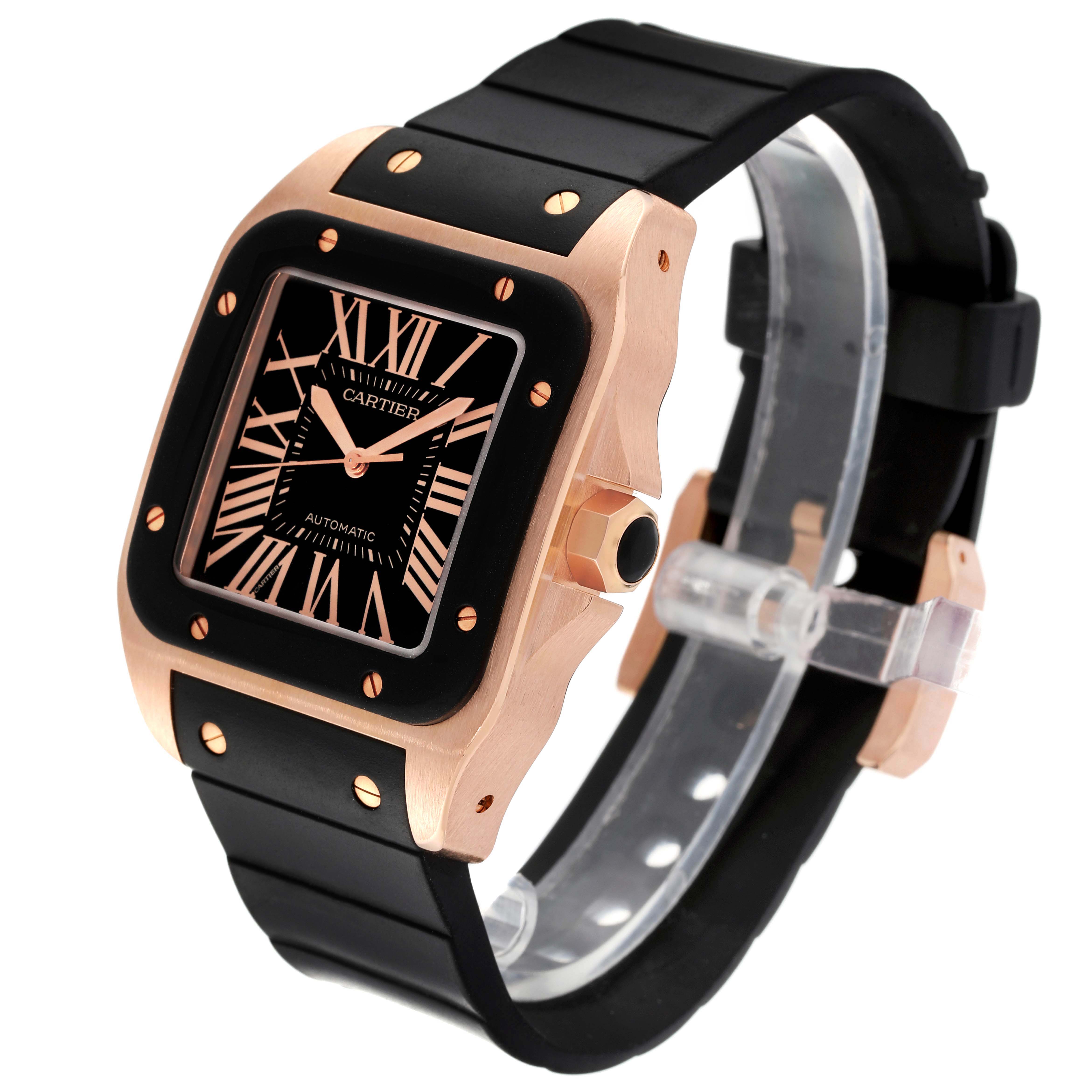 The image shows a Cartier Santos W20124U2 Men's Rose Gold Black Dial W20124U2 Men's Rose Gold Black Dial watch at a three-quarter angle, highlighting the face, bezel, and strap.
