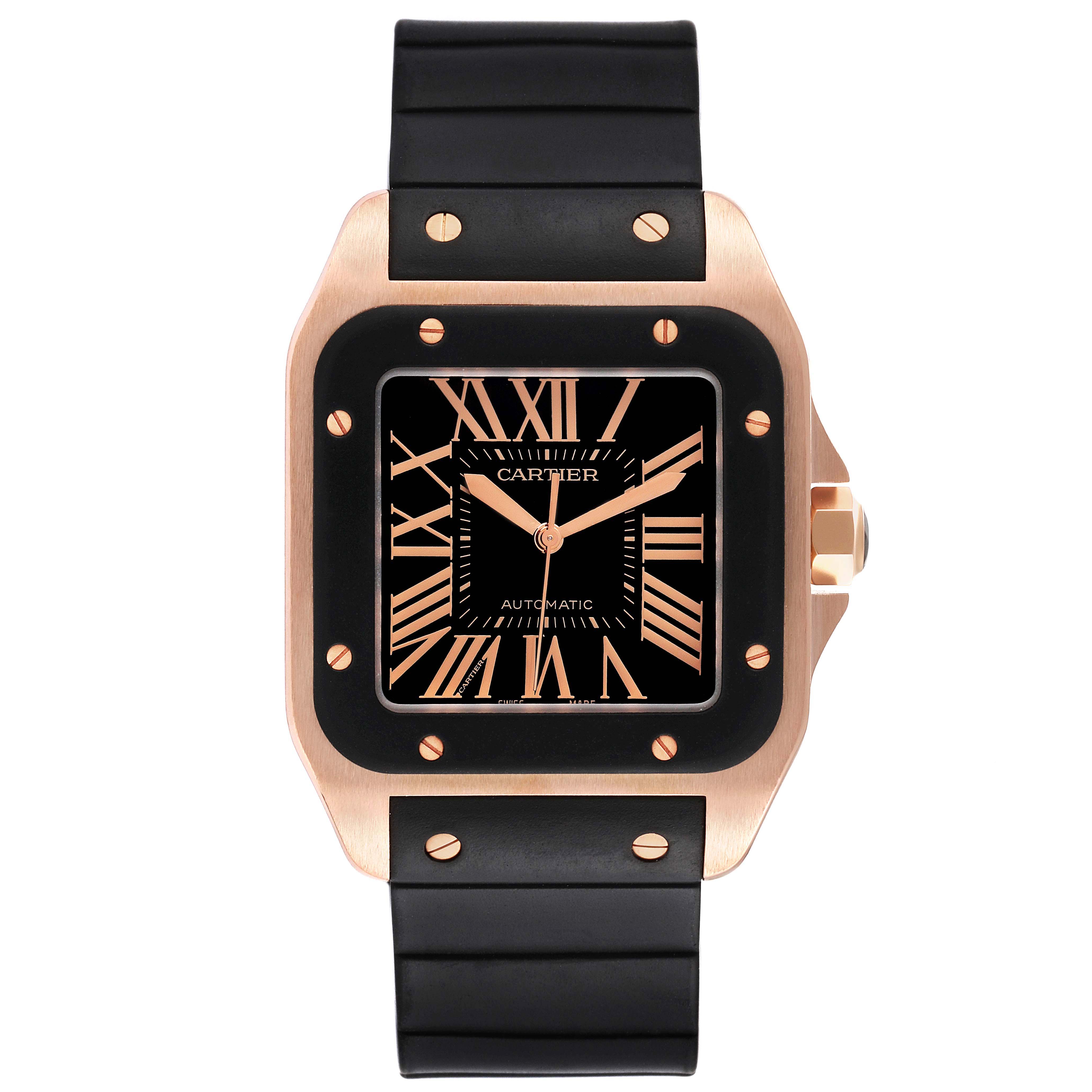 This image shows a frontal view of a Cartier Santos W20124U2 Men's Rose Gold Black Dial W20124U2 Men's Rose Gold Black Dial watch, highlighting its face, bezel, and strap.