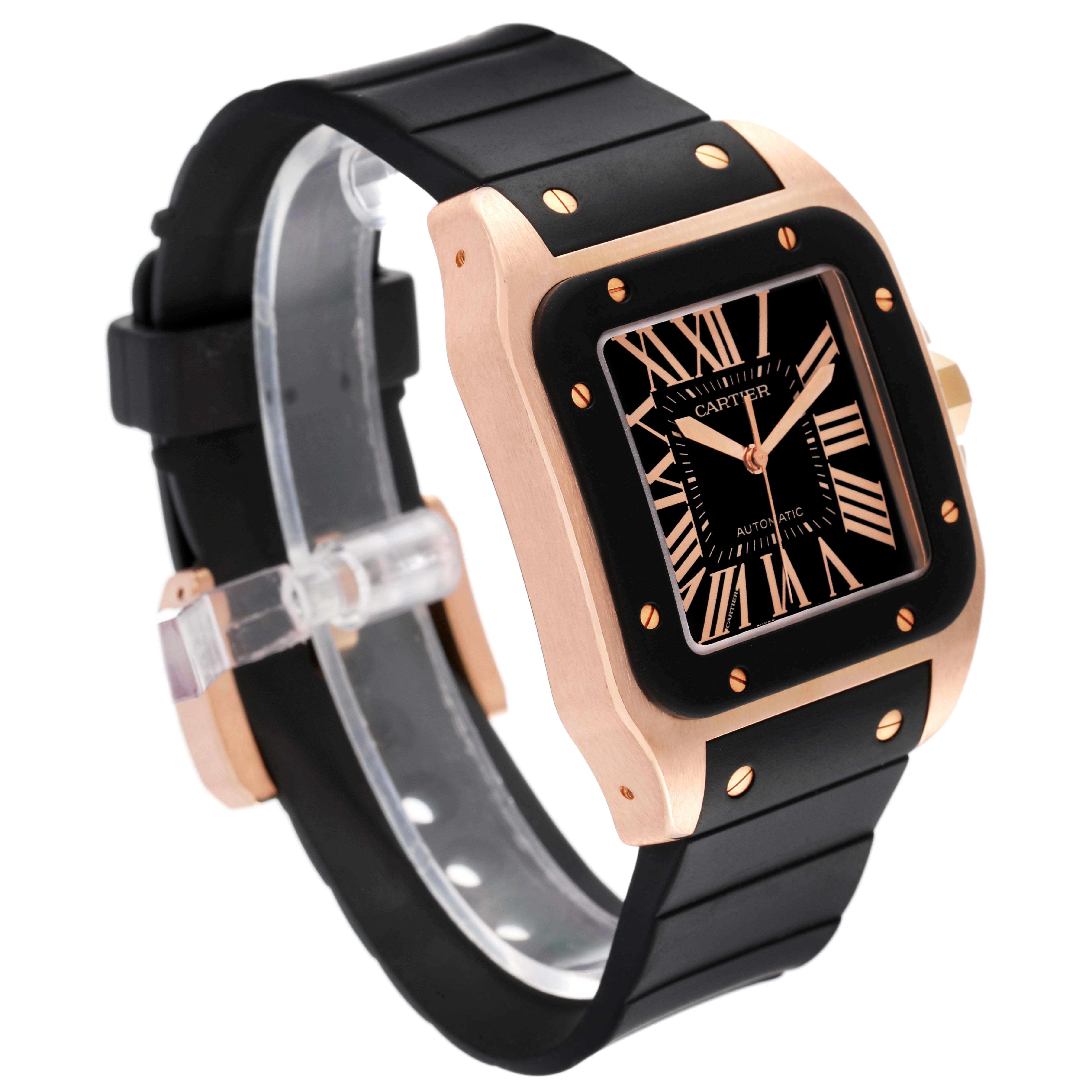 The image shows a Cartier Santos W20124U2 Men's Rose Gold Black Dial W20124U2 Men's Rose Gold Black Dial watch at a three-quarter angle, highlighting the bezel, dial, crown, and rubber strap.