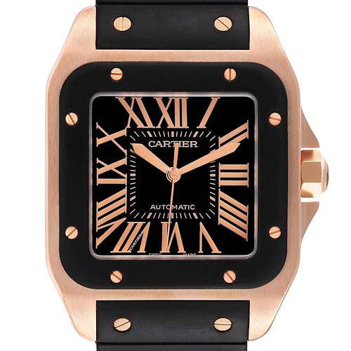 Photo of Cartier Santos 100 Rose Gold Black Dial Mens Watch W20124U2 Box Papers