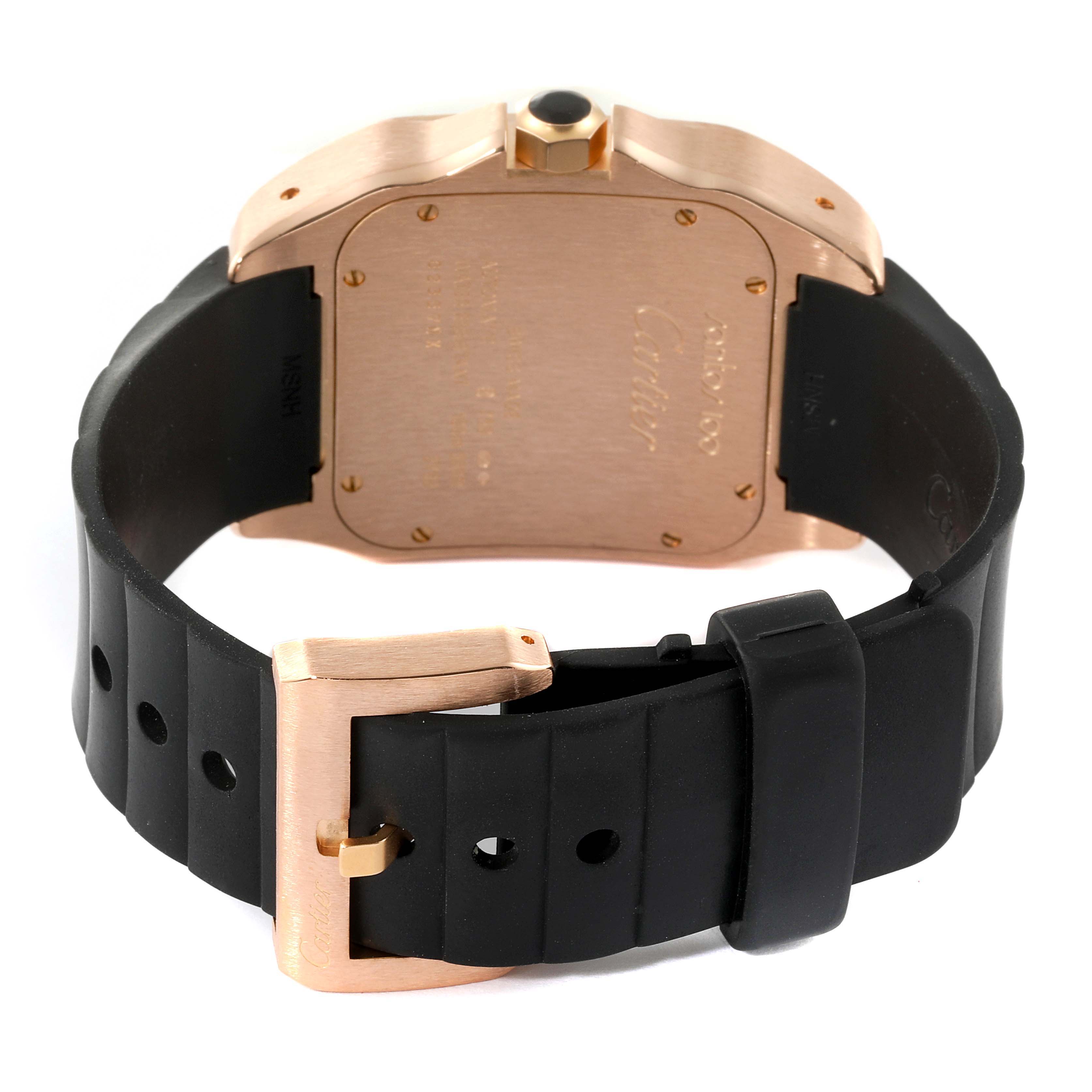 The image shows the back case, strap, and buckle of a Cartier Santos W20124U2 Men's Rose Gold Black Dial W20124U2 Men's Rose Gold Black Dial watch.