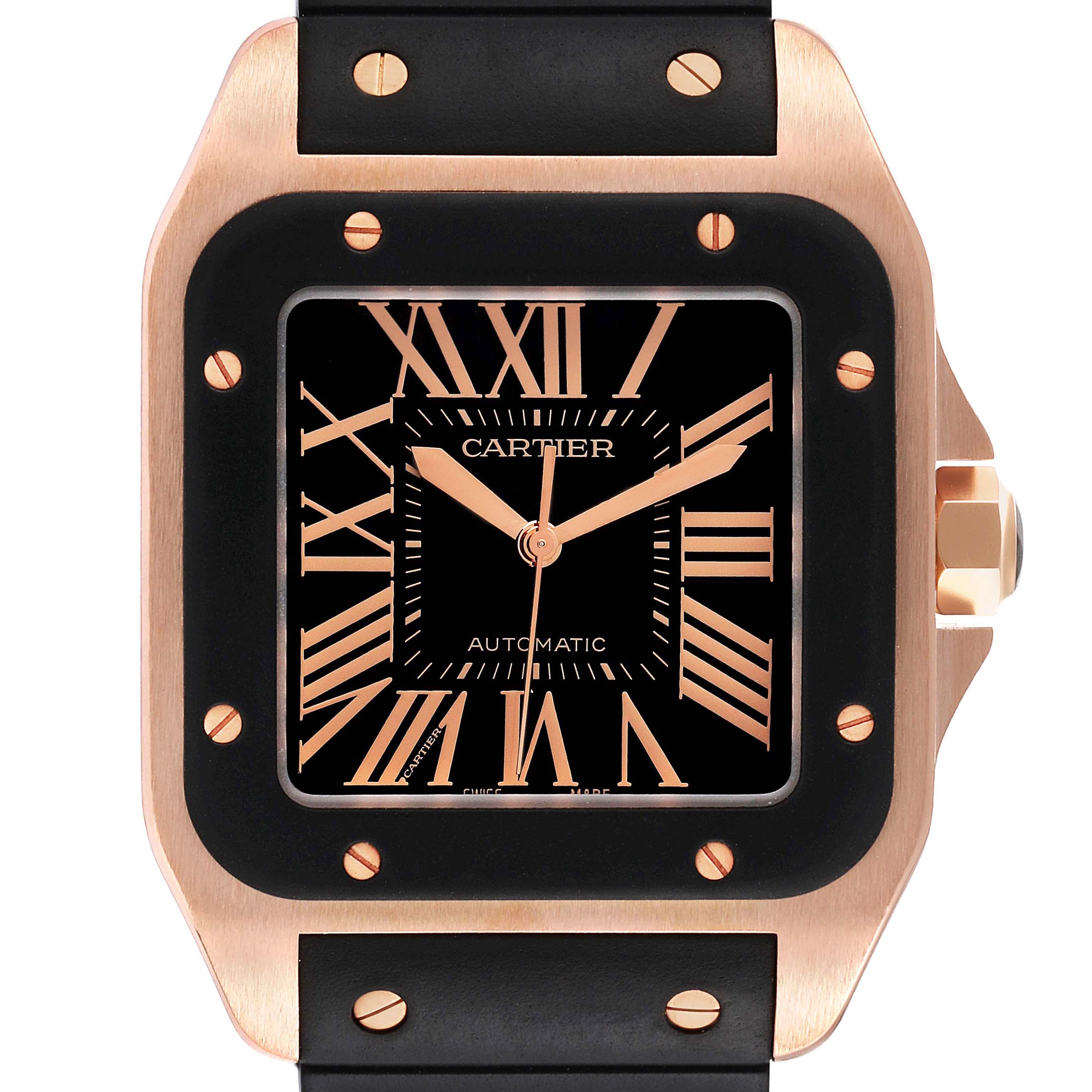 The image shows a front view of the Cartier Santos W20124U2 Men's Rose Gold Black Dial W20124U2 Men's Rose Gold Black Dial watch, highlighting its square face, Roman numerals, and black strap.