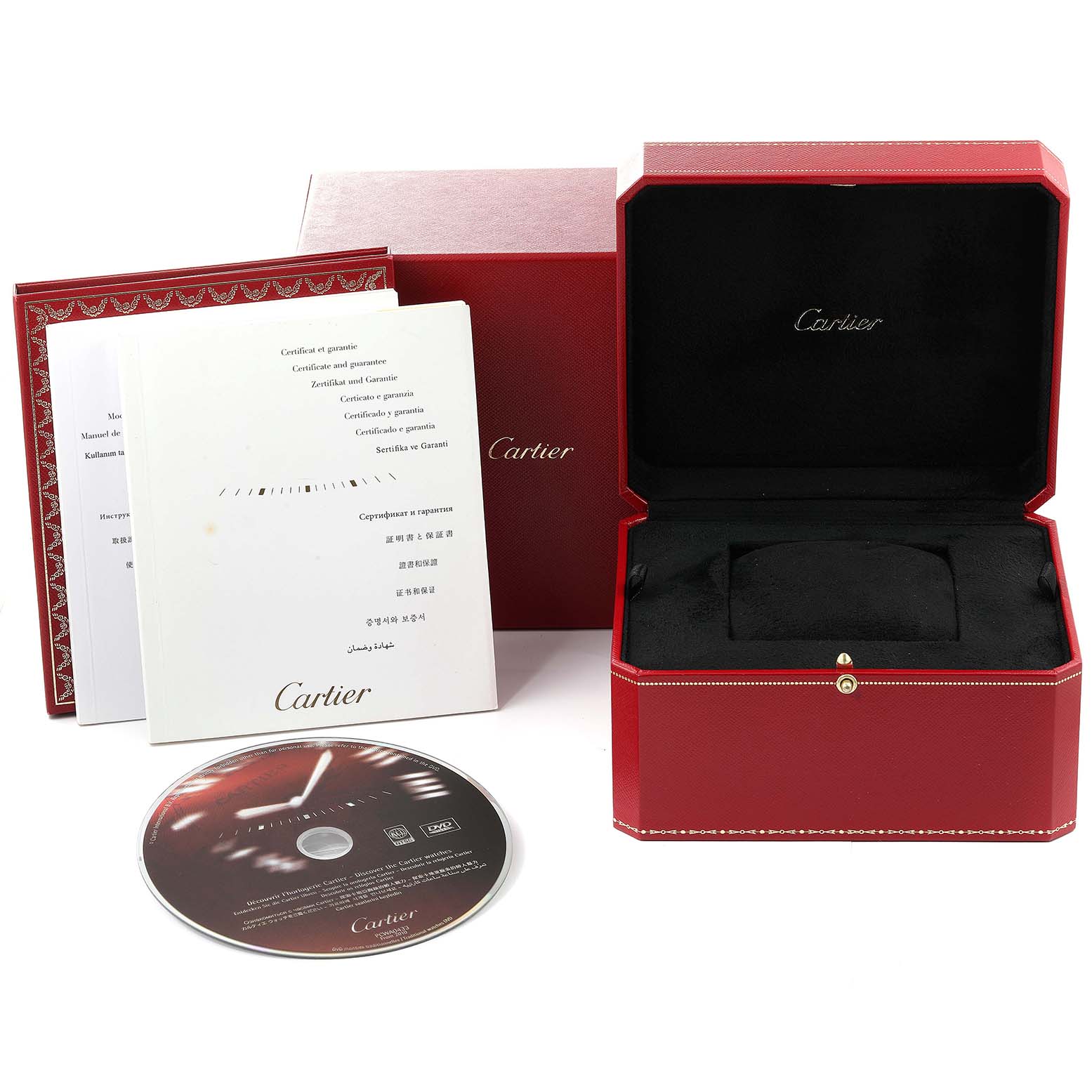 The image shows an opened Cartier Santos W20124U2 Men's Rose Gold Black Dial W20124U2 Men's Rose Gold Black Dial watch box with manuals, a certificate, and a CD.