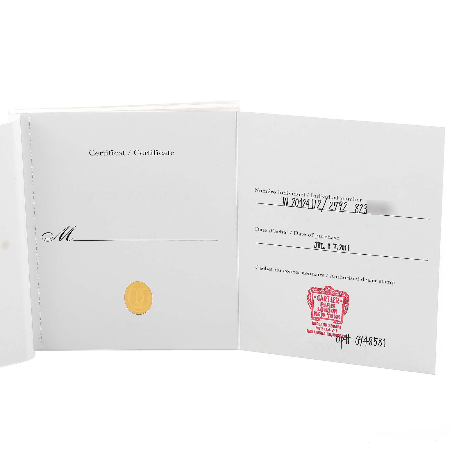 This image shows the authenticity certificate and purchase details for the Santos model by Cartier.