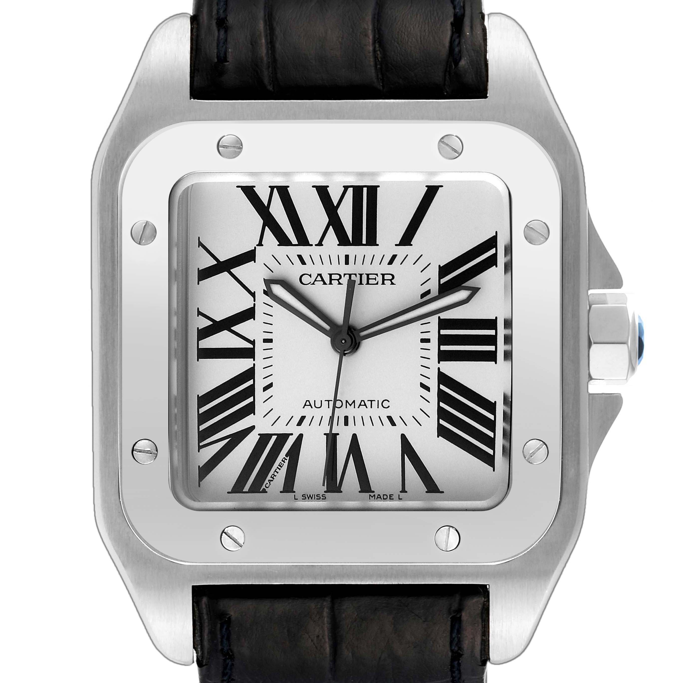 The image shows a close-up of the Santos model by Cartier
s dial, bezel, and part of the leather strap.
