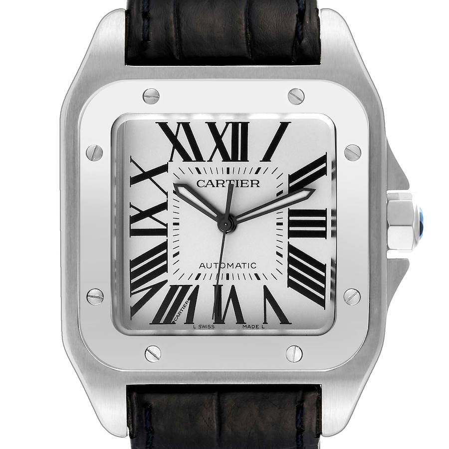 Cartier Santos 100 Silver Dial Black Strap Steel Mens Watch W20073X8 Box Papers SwissWatchExpo