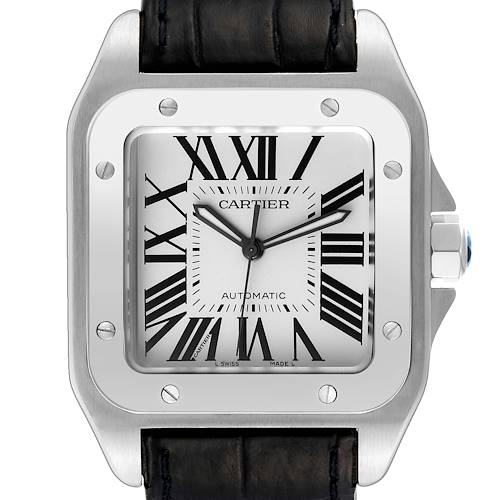 Photo of Cartier Santos 100 Silver Dial Black Strap Steel Mens Watch W20073X8 Box Papers