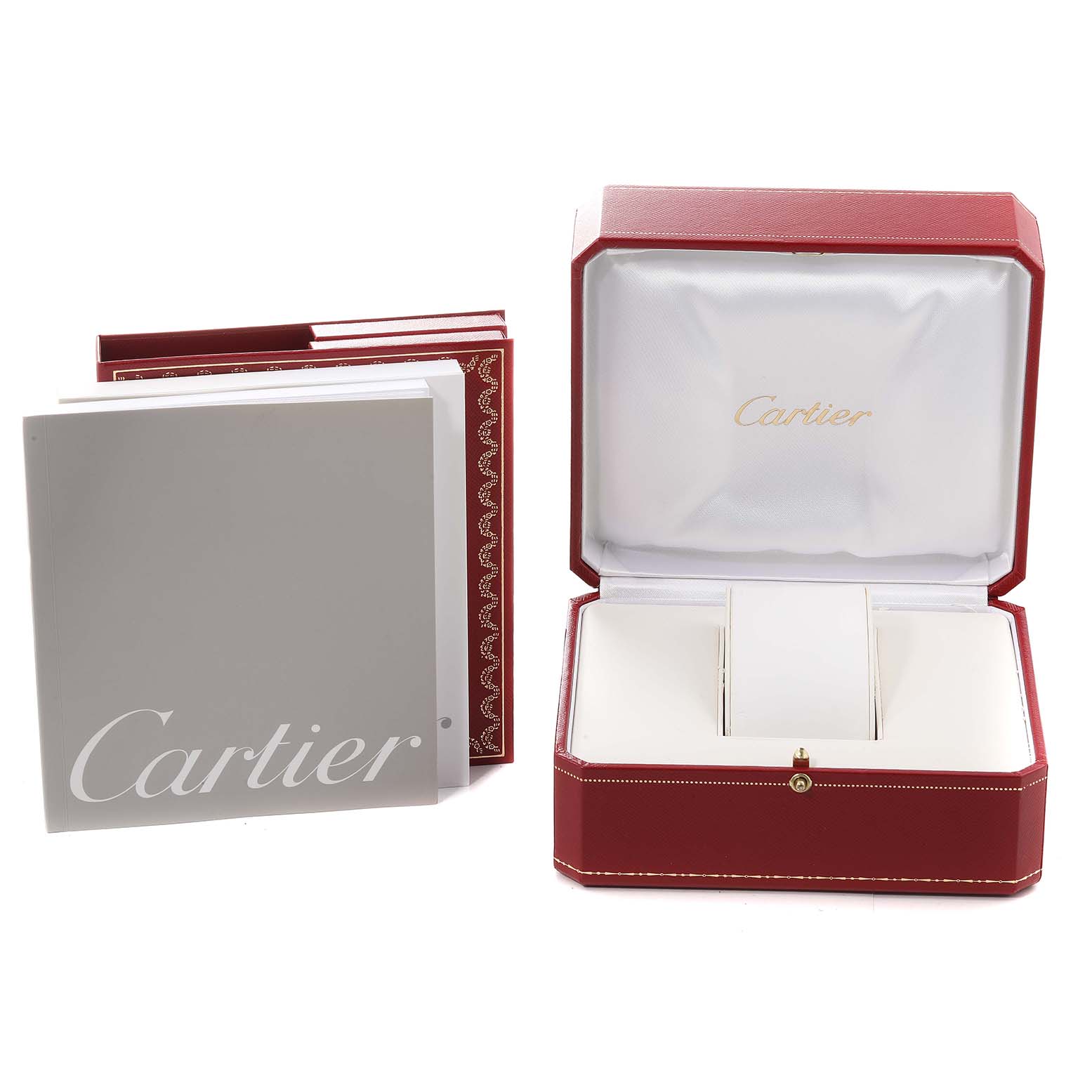 The image shows the Cartier Santos W20073X8 Men
s Stainless Steel Silver Dial W20073X8 Men
s Stainless Steel Silver Dial watch packaging, including a red box and document holder.