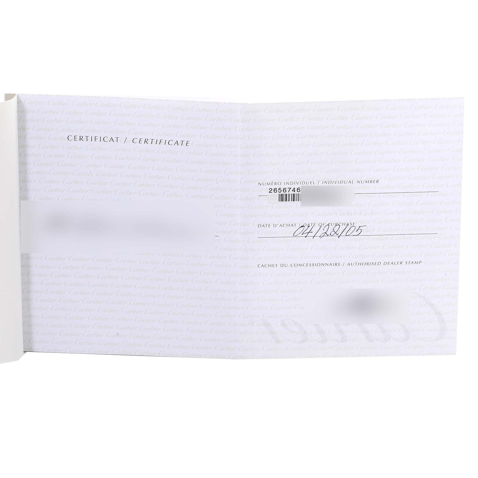 The image shows the open certificate for the Santos model by Cartier, displaying an individual number and purchase date.