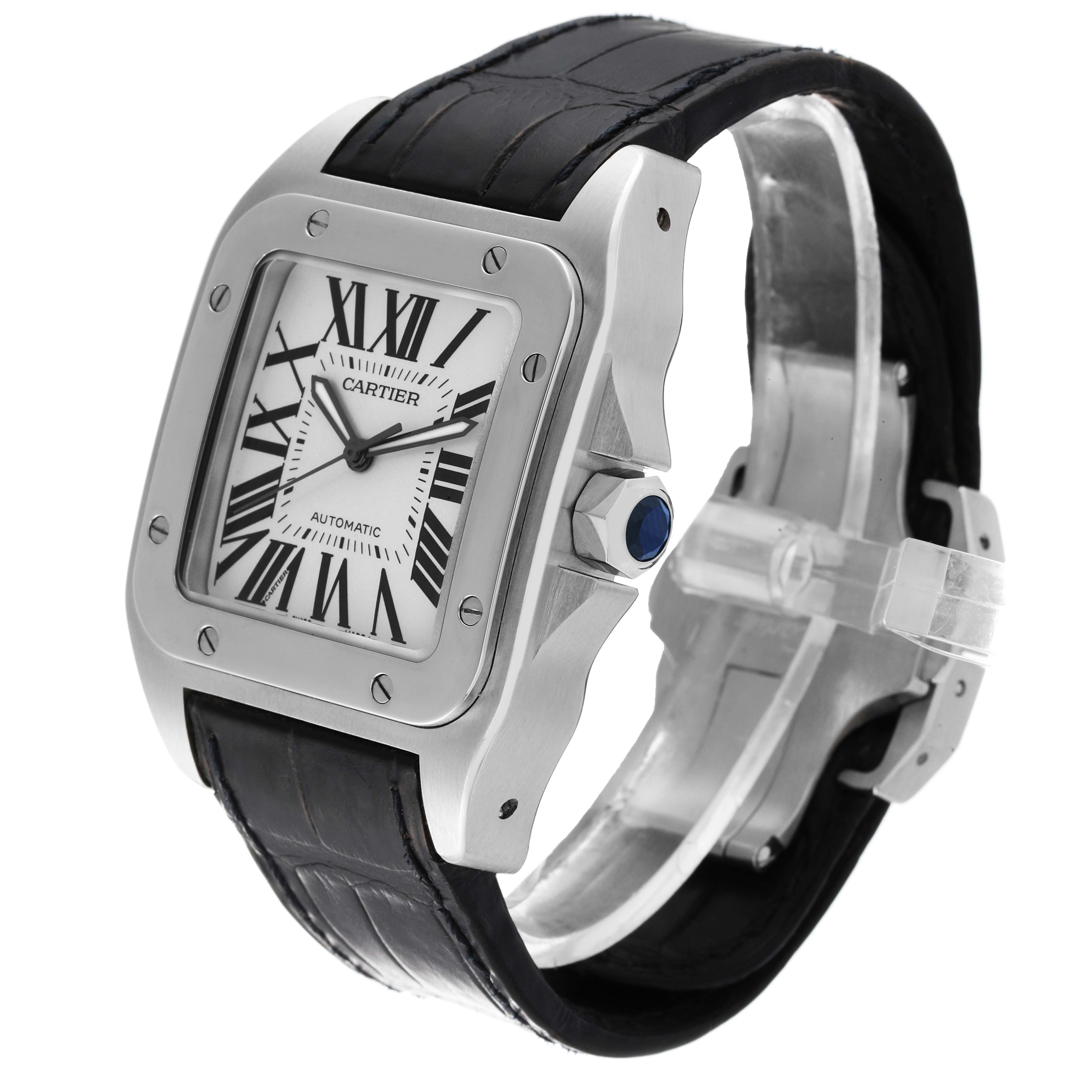 The image shows a three-quarter view of a Cartier Santos W20073X8 Men
s Stainless Steel Silver Dial W20073X8 Men
s Stainless Steel Silver Dial watch, highlighting its face, bezel, crown, and leather strap.