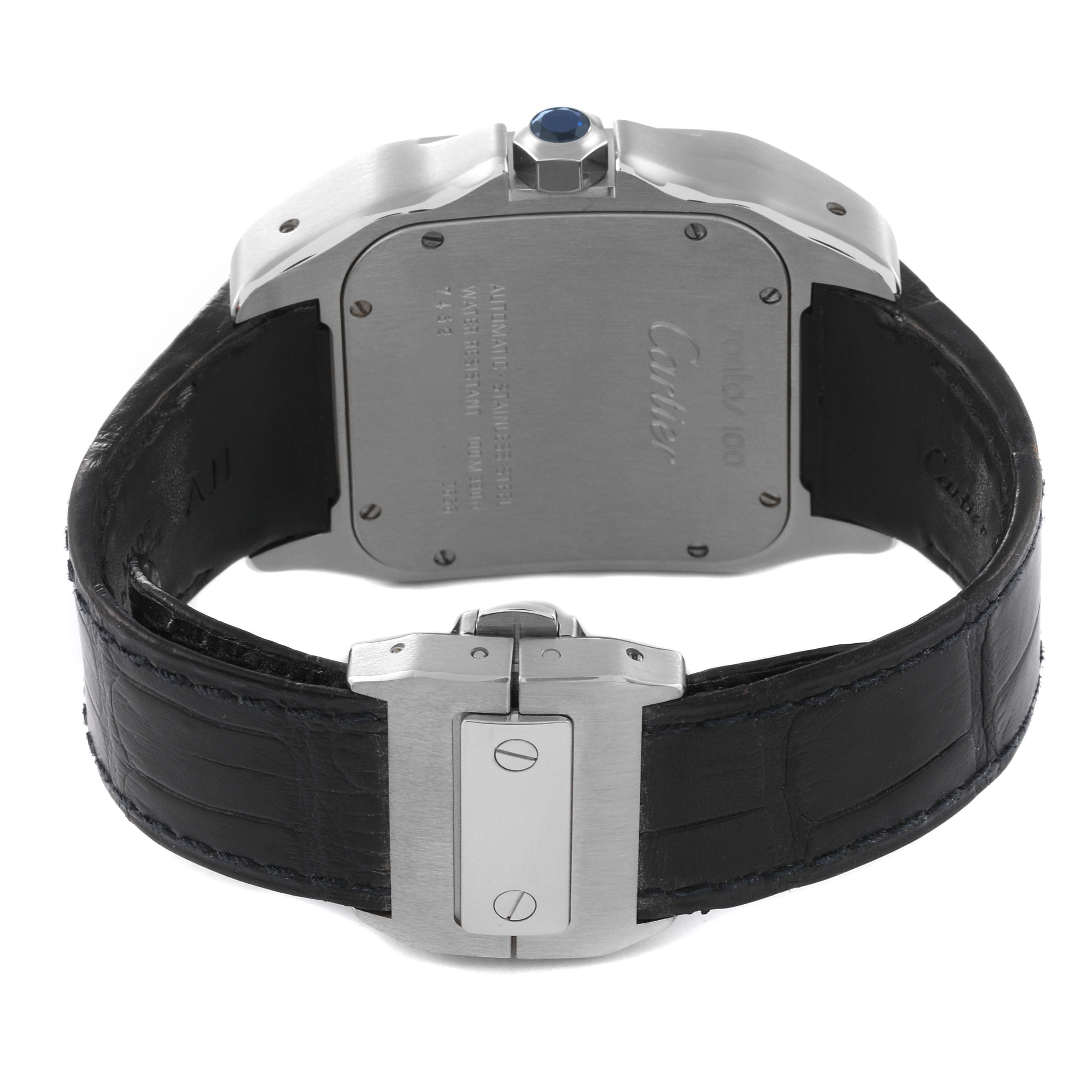 The image shows the back view of a Cartier Santos W20073X8 Men
s Stainless Steel Silver Dial W20073X8 Men
s Stainless Steel Silver Dial watch, highlighting its case back, strap, and clasp.