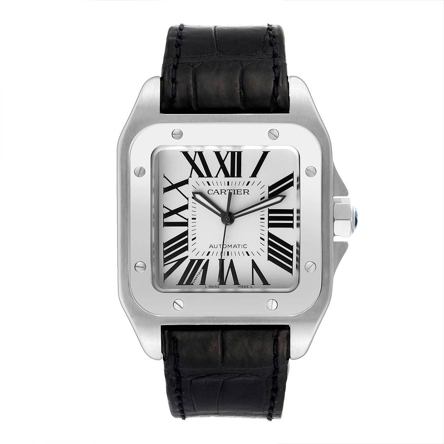 Cartier Santos 100 Silver Dial Black Strap Steel Mens Watch W20073X8 ...