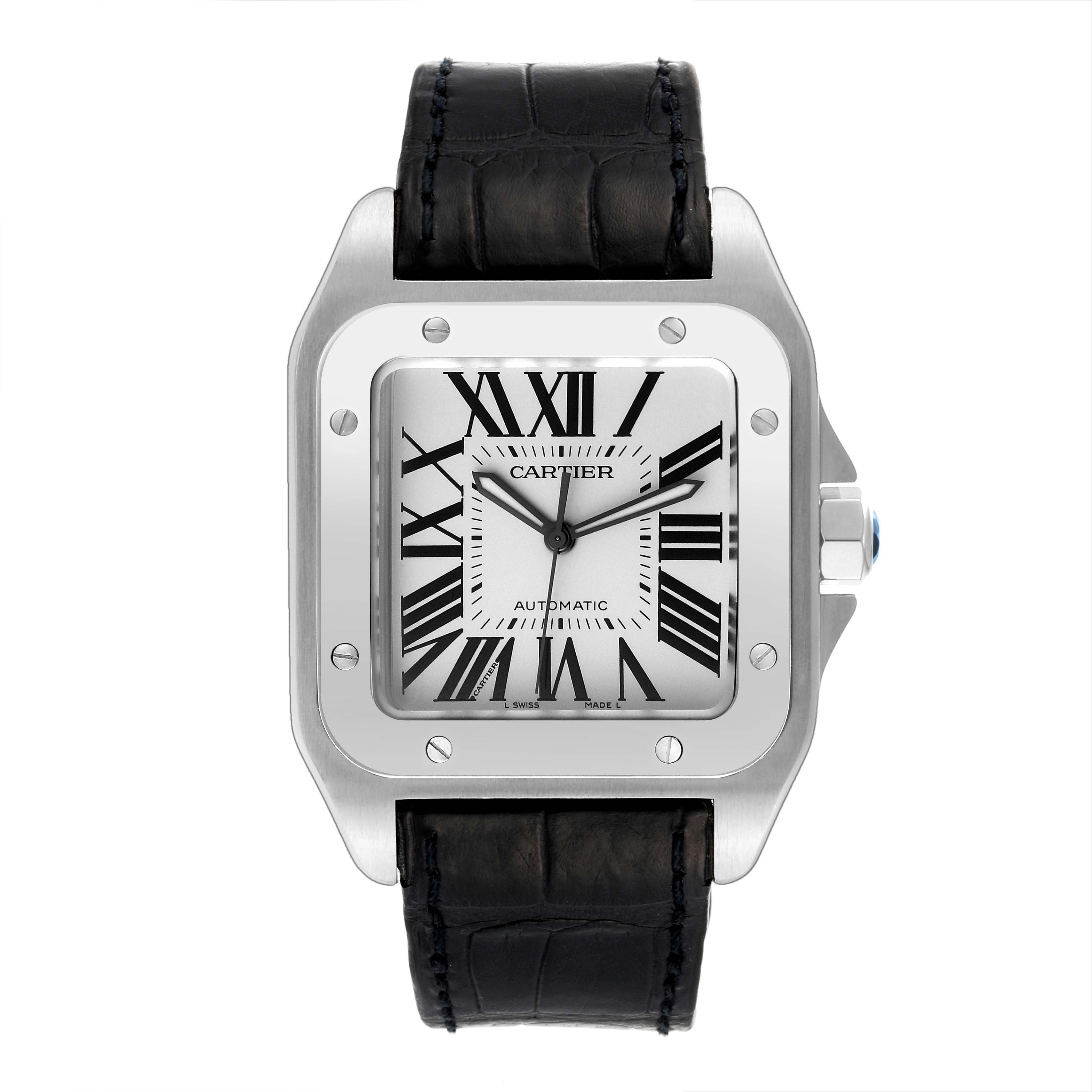 The image shows a front view of the Cartier Santos W20073X8 Men
s Stainless Steel Silver Dial W20073X8 Men
s Stainless Steel Silver Dial watch, highlighting its face, bezel, and leather strap.