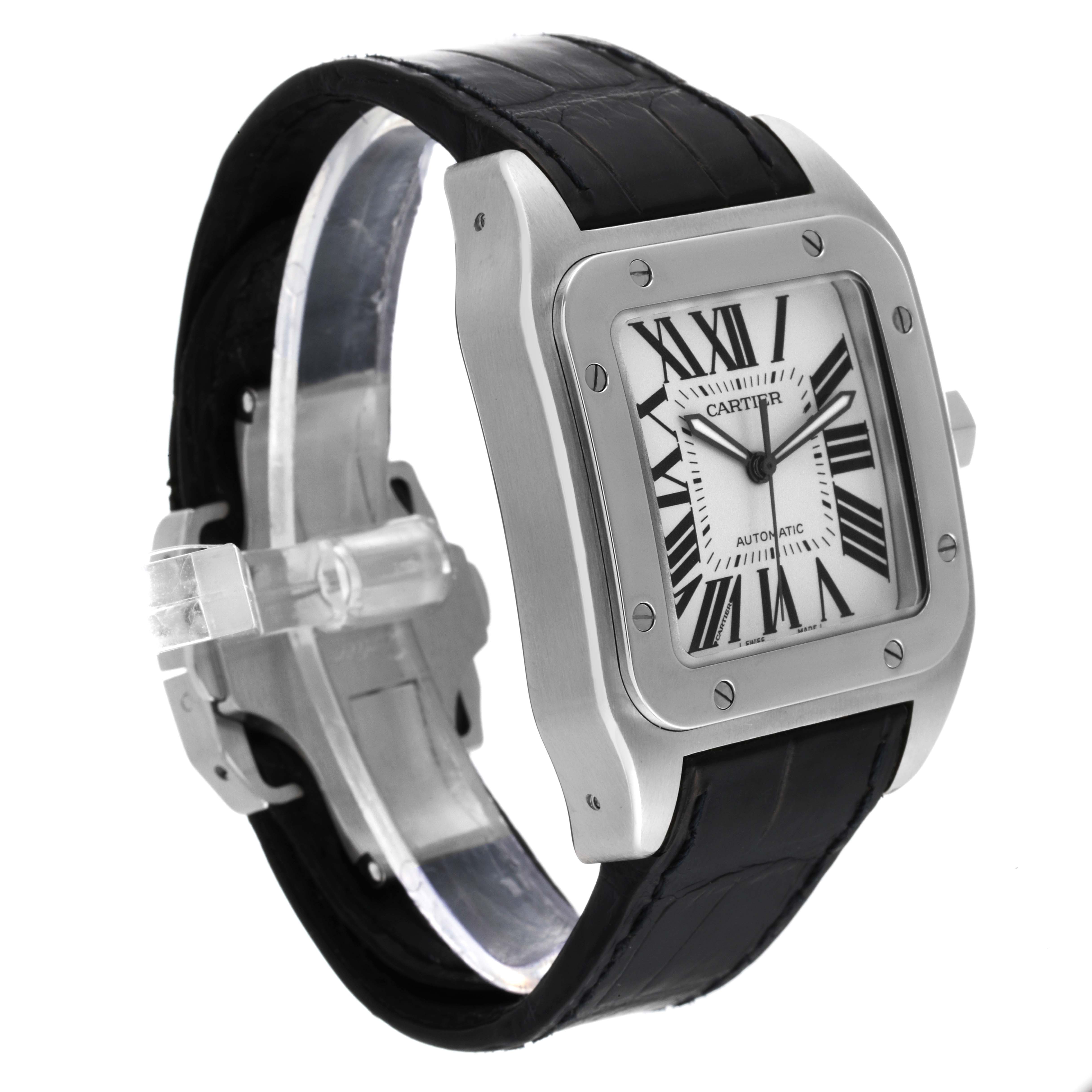 The image shows a Cartier Santos W20073X8 Men
s Stainless Steel Silver Dial W20073X8 Men
s Stainless Steel Silver Dial watch at an angled view, highlighting its face, bezel, strap, and crown.