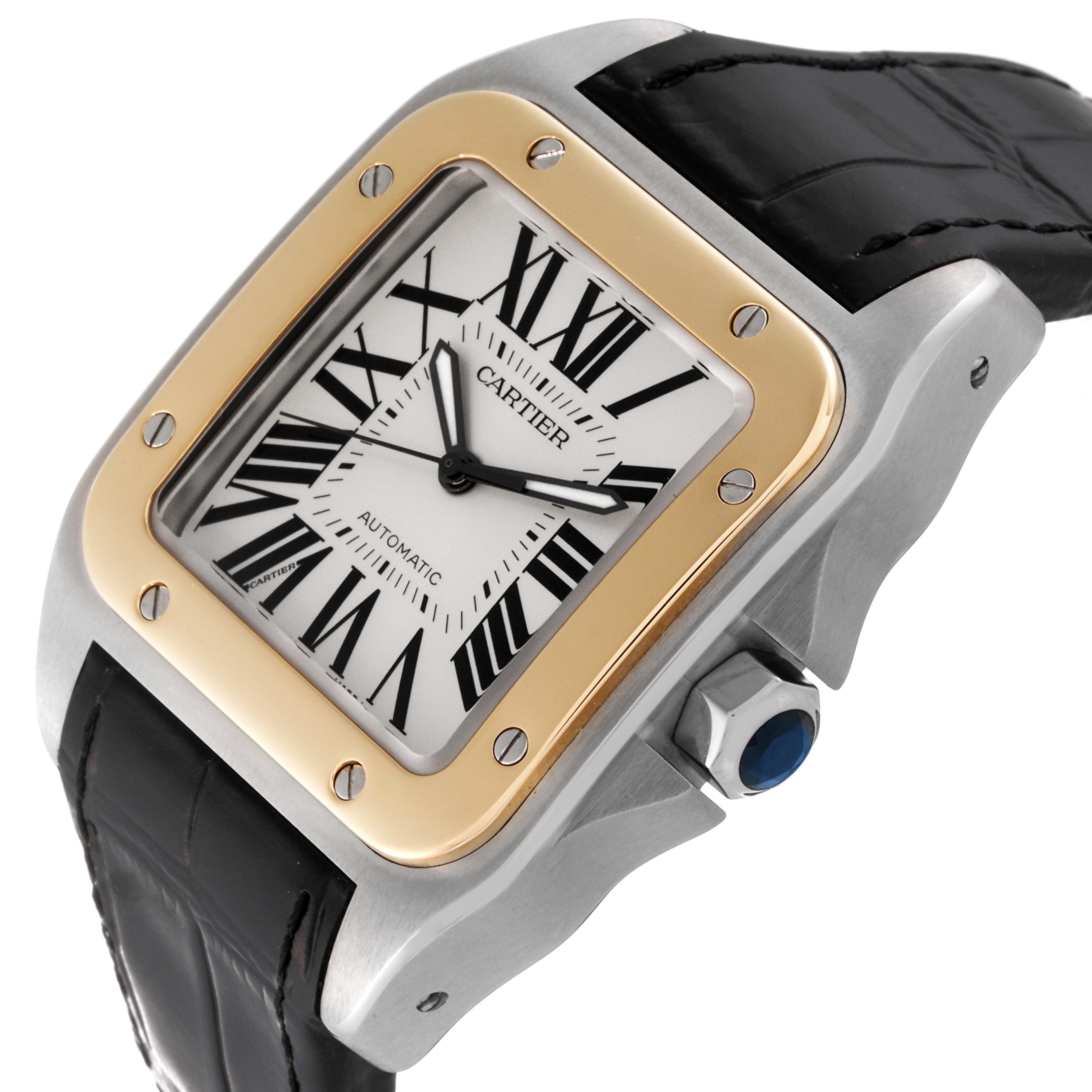 The Cartier Santos W20072X7 Men's Steel and Gold (two tone) Silver Dial W20072X7 Men's Steel and Gold (two tone) Silver Dial model watch is shown at an angle highlighting its square face, Roman numerals, gold bezel, and black leather strap.