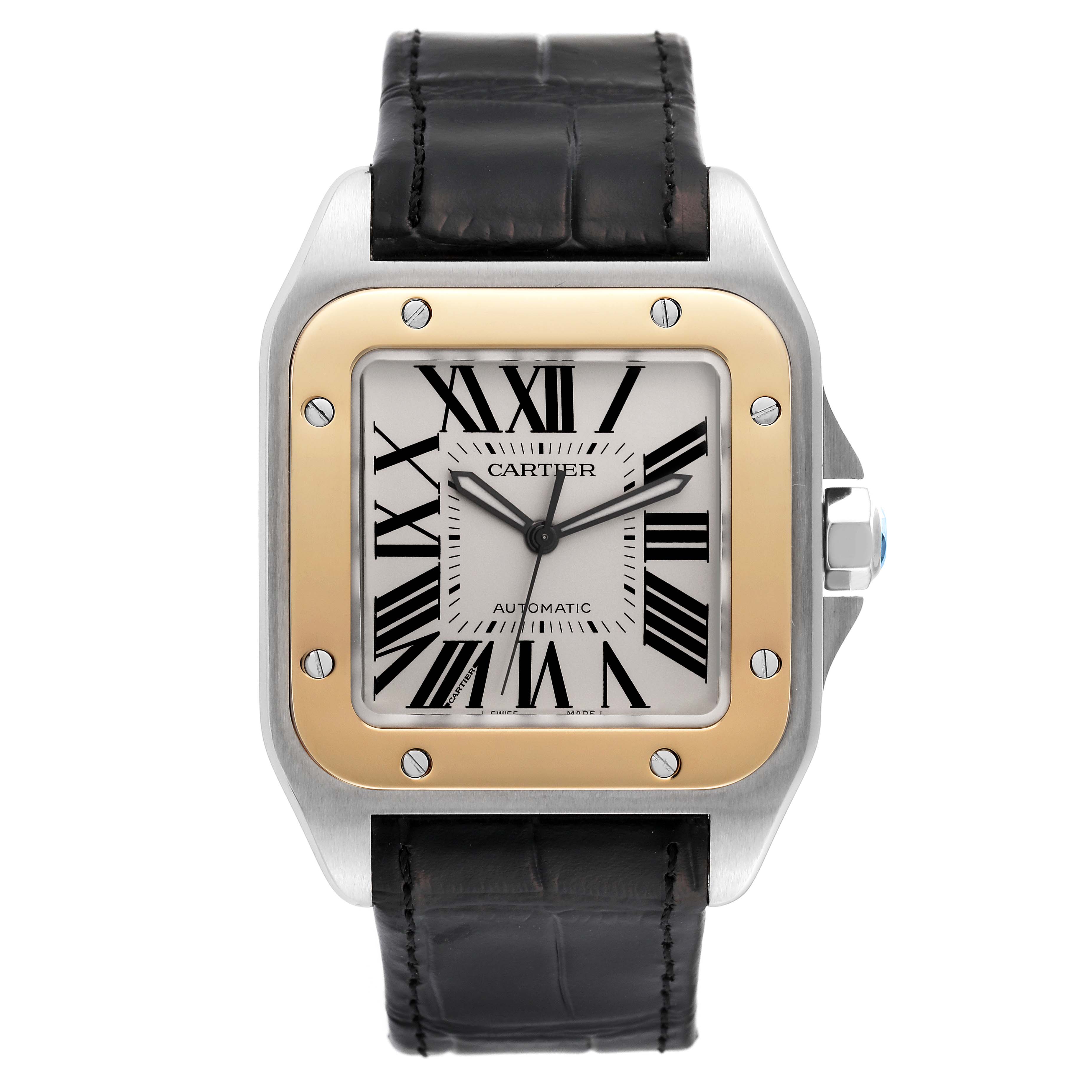 Front view of a Cartier Santos W20072X7 Men's Steel and Gold (two tone) Silver Dial W20072X7 Men's Steel and Gold (two tone) Silver Dial model watch showing the face, bezel, and black leather strap.