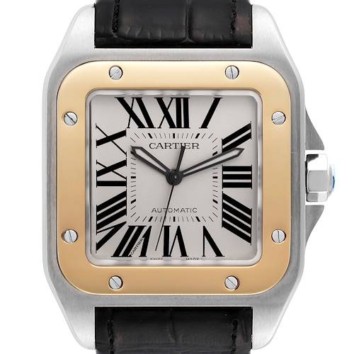 Photo of Cartier Santos 100 Steel Yellow Gold 38mm Silver Dial Mens Watch W20072X7 Papers