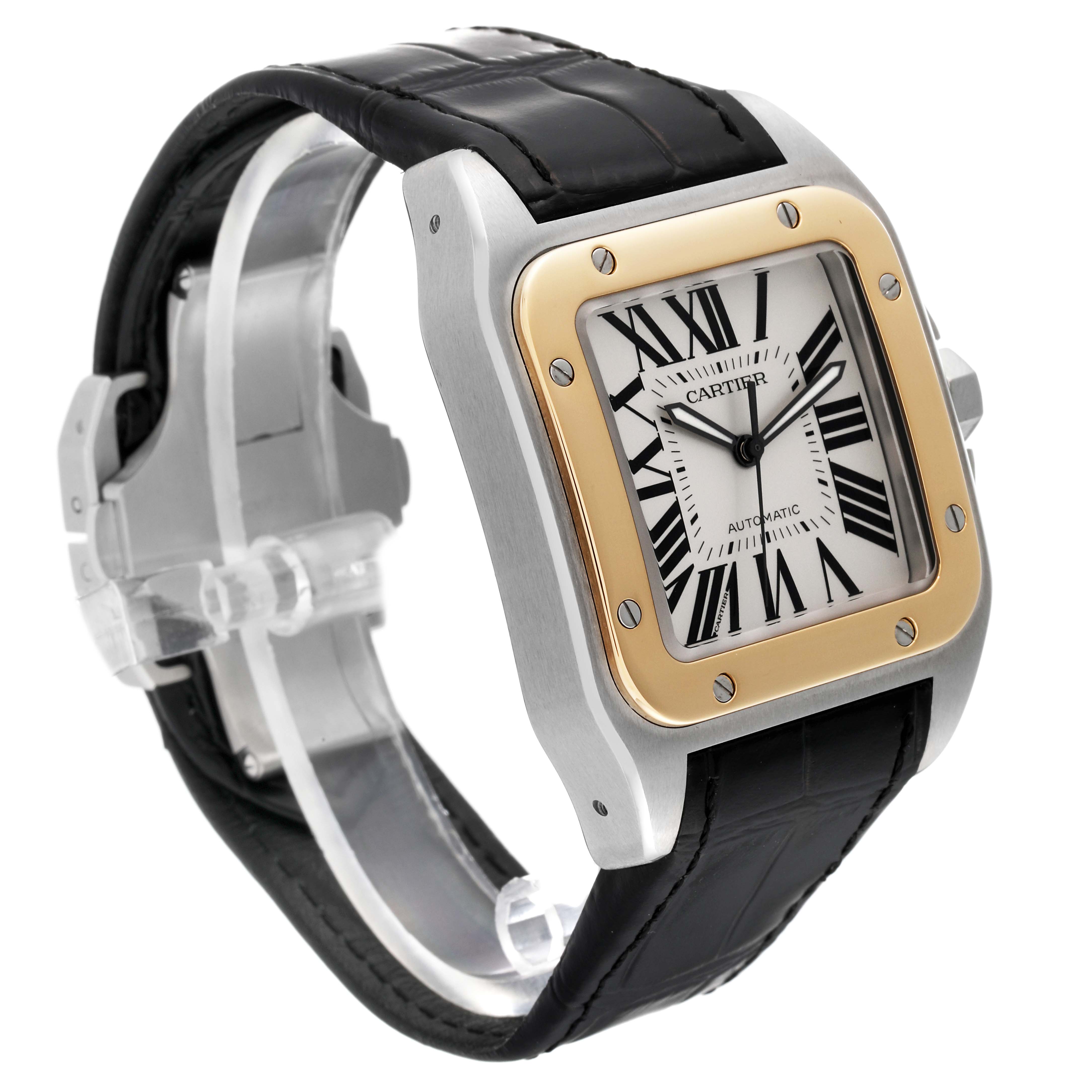 The image shows a Cartier Santos W20072X7 Men's Steel and Gold (two tone) Silver Dial W20072X7 Men's Steel and Gold (two tone) Silver Dial watch at a three-quarter angle, highlighting its bezel, dial, case, and black leather strap.