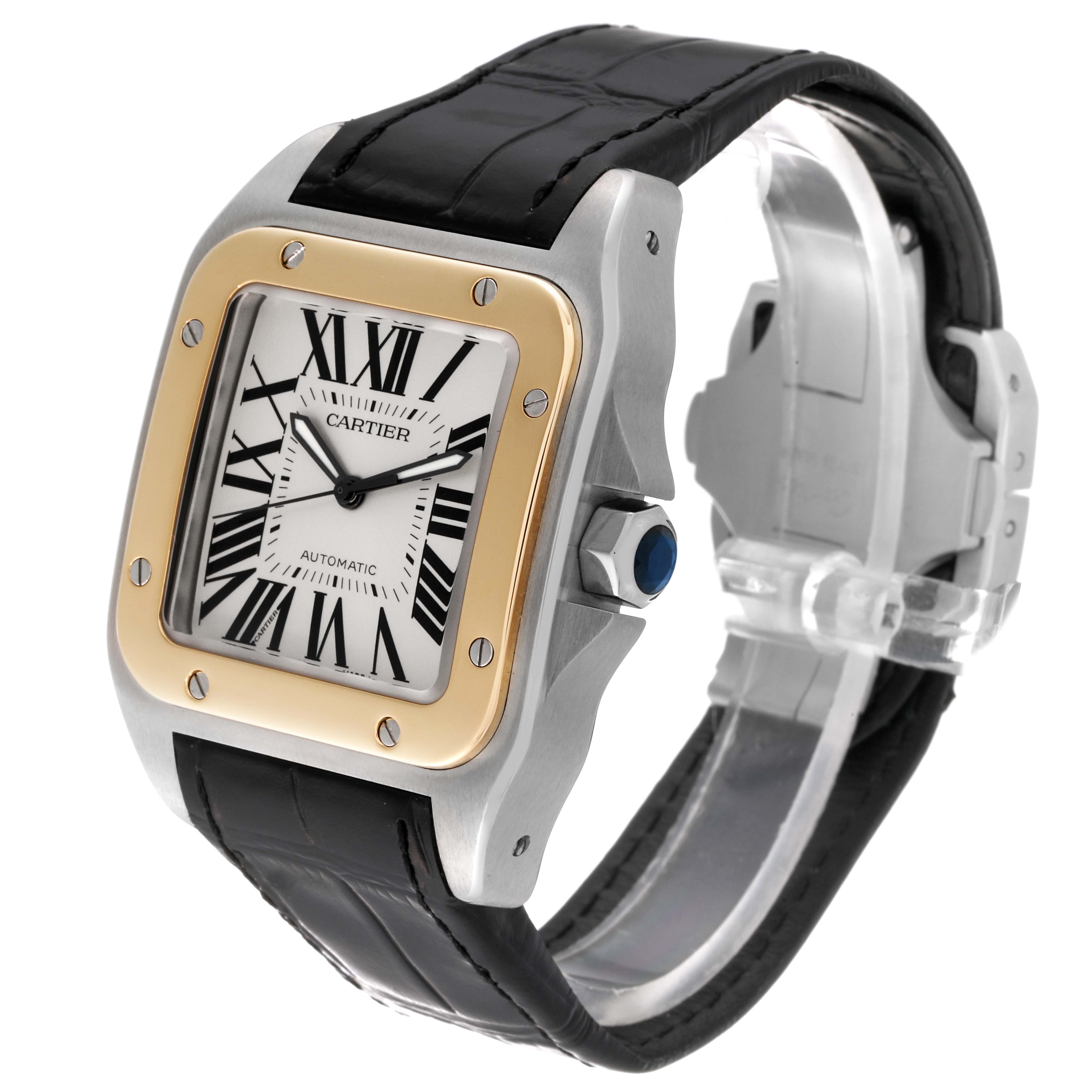 The Cartier Santos W20072X7 Men's Steel and Gold (two tone) Silver Dial W20072X7 Men's Steel and Gold (two tone) Silver Dial watch image shows an angled view highlighting the face, bezel, crown, and black leather strap.