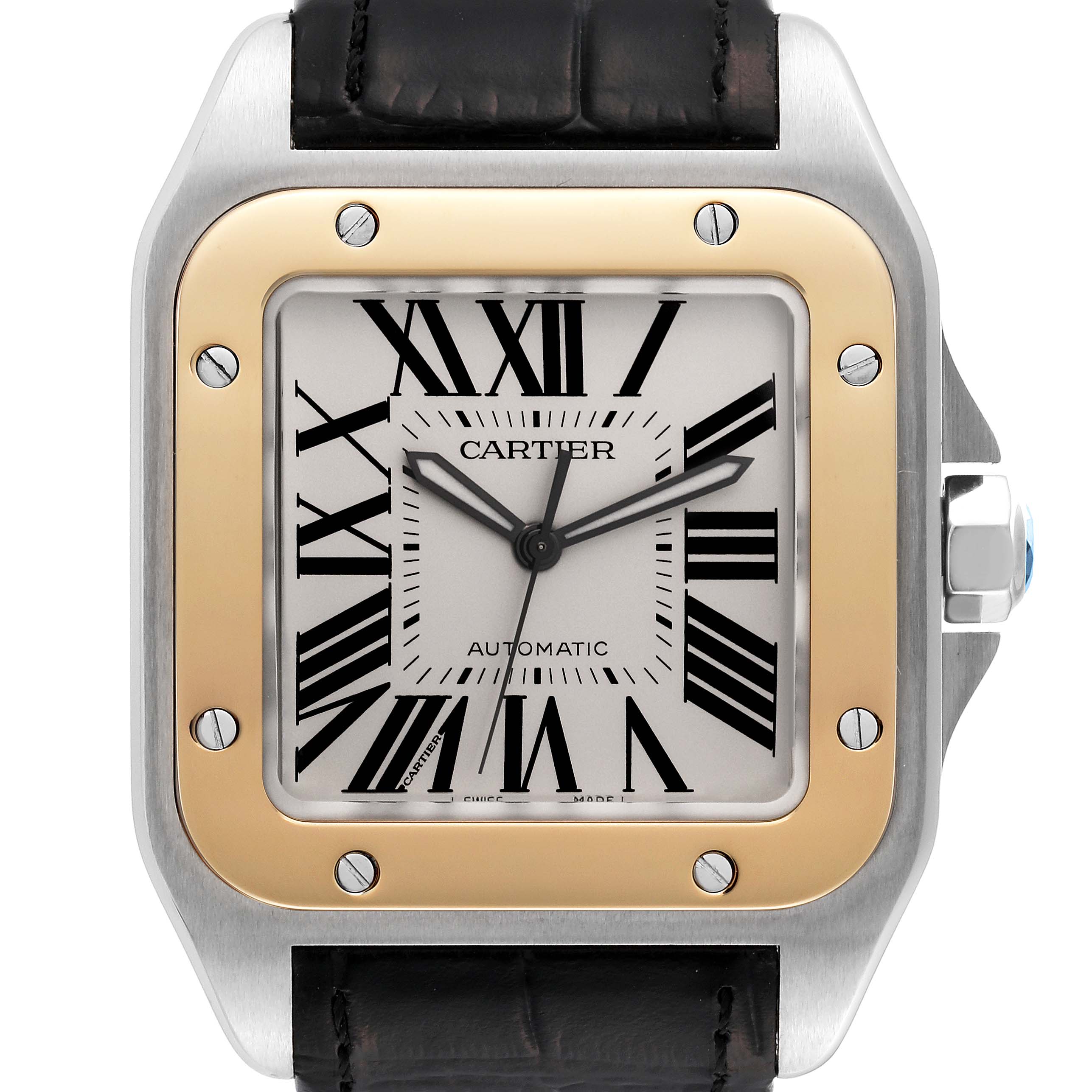 The image shows a front view of the Cartier Santos W20072X7 Men's Steel and Gold (two tone) Silver Dial W20072X7 Men's Steel and Gold (two tone) Silver Dial watch, highlighting the dial, hands, bezel, and part of the black strap.