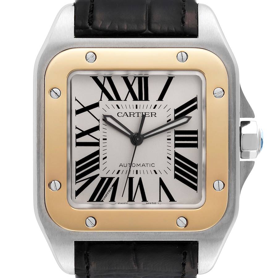 Cartier Santos 100 Steel Yellow Gold 38mm Silver Dial Mens Watch W20072X7 Papers SwissWatchExpo