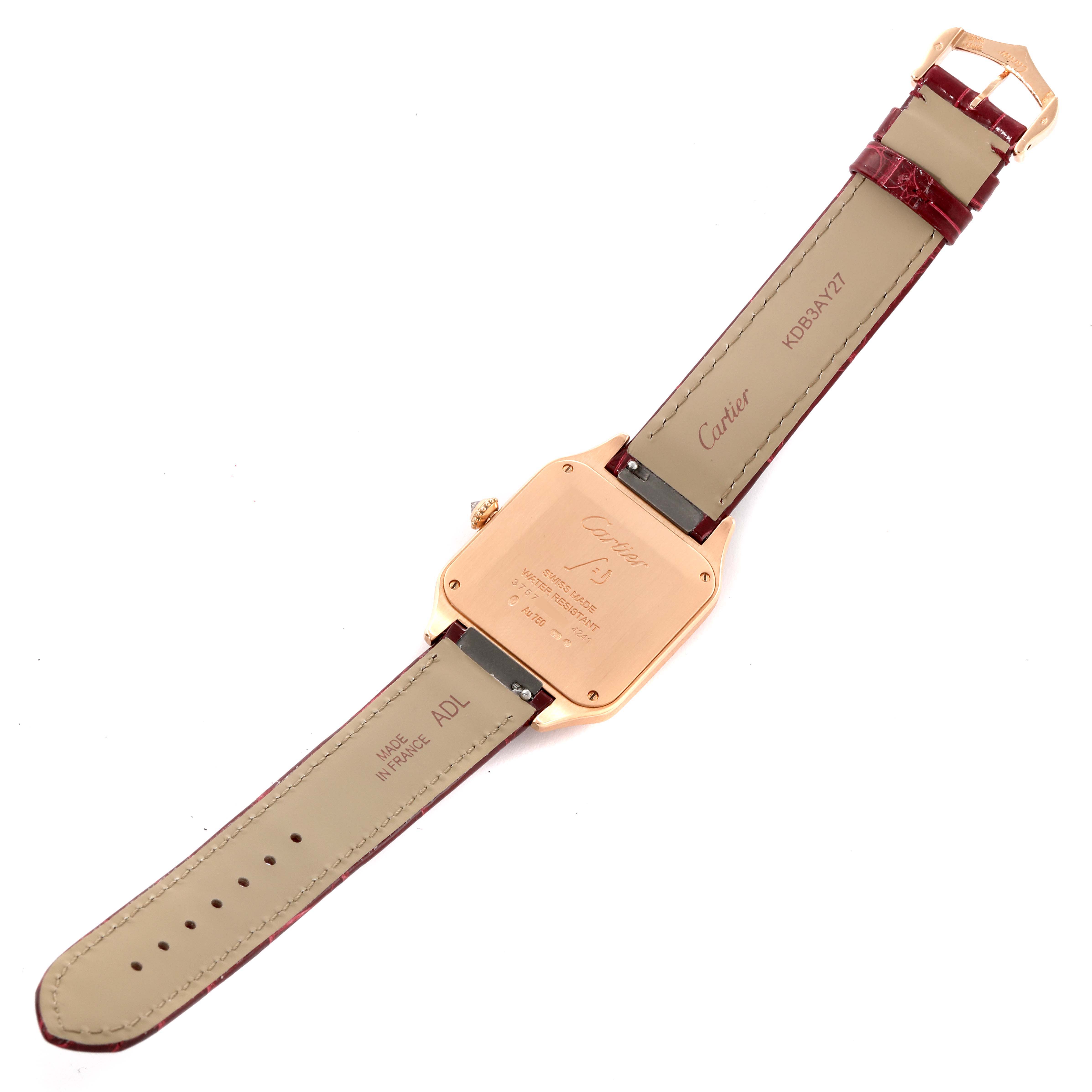 The image shows the back side of a Cartier Santos WJSA0016 Women's Rose Gold Silver Dial WJSA0016 Women's Rose Gold Silver Dial watch, including the case back and leather straps.