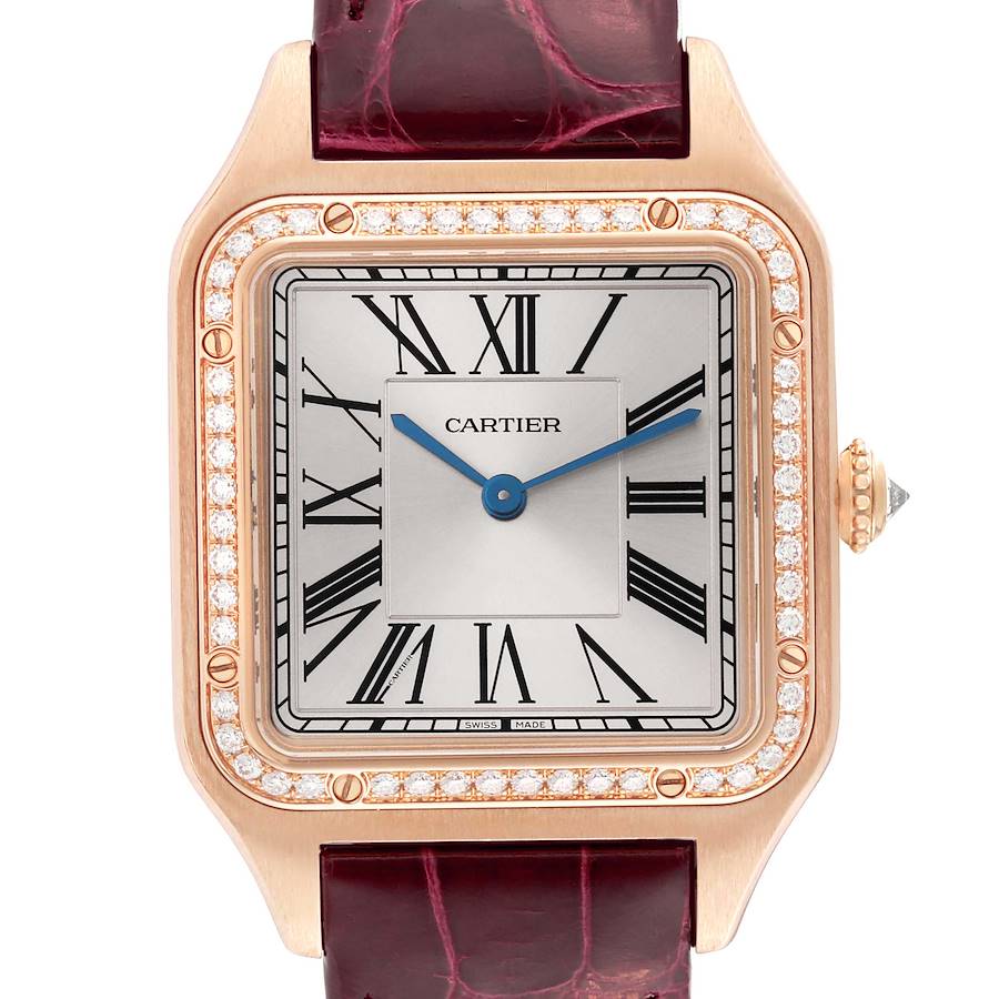 The Cartier Santos WJSA0016 Women's Rose Gold Silver Dial watch is shown from the front, highlighting the dial, case, bezel, and part of the strap.