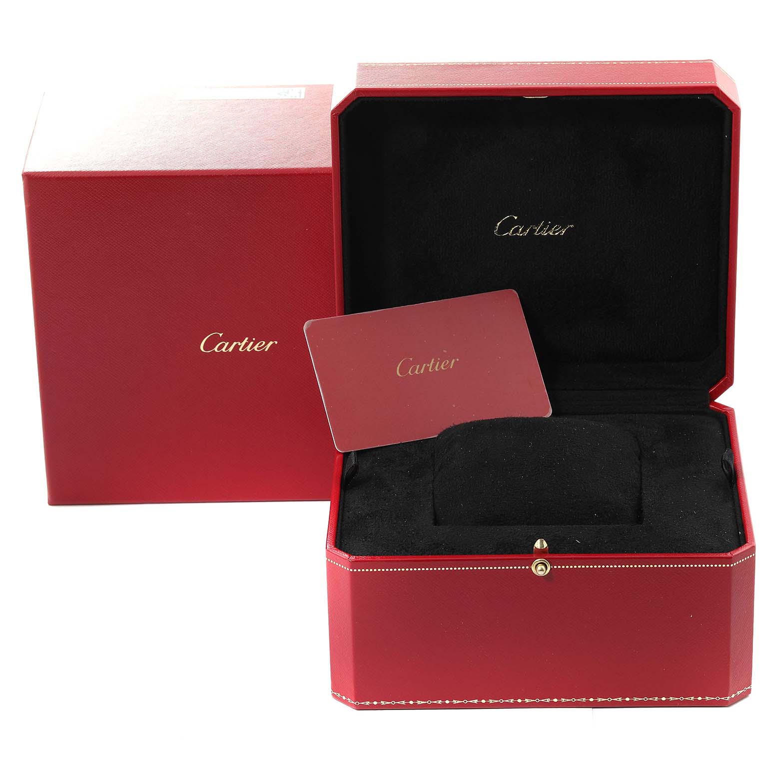 The image shows a Cartier Santos WJSA0016 Women's Rose Gold Silver Dial WJSA0016 Women's Rose Gold Silver Dial watch box and authenticity card, both in red with logo, captured from a front angle.