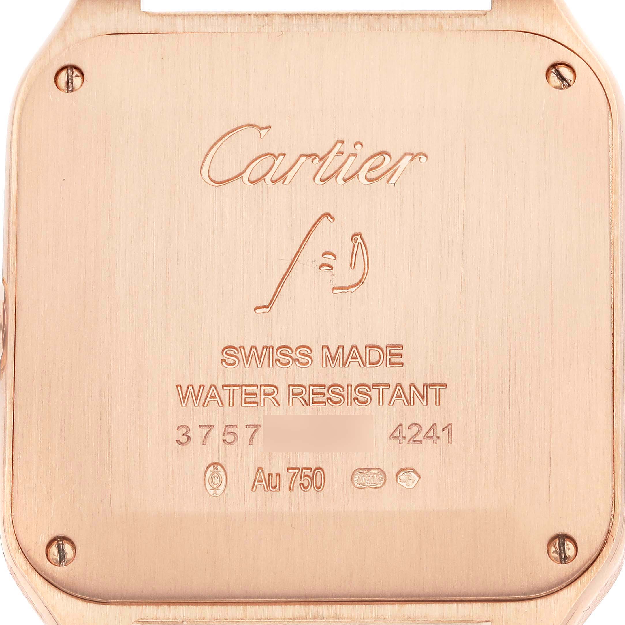 The image shows the back case of a Cartier Santos WJSA0016 Women's Rose Gold Silver Dial watch with details like "Swiss Made" and water resistance.