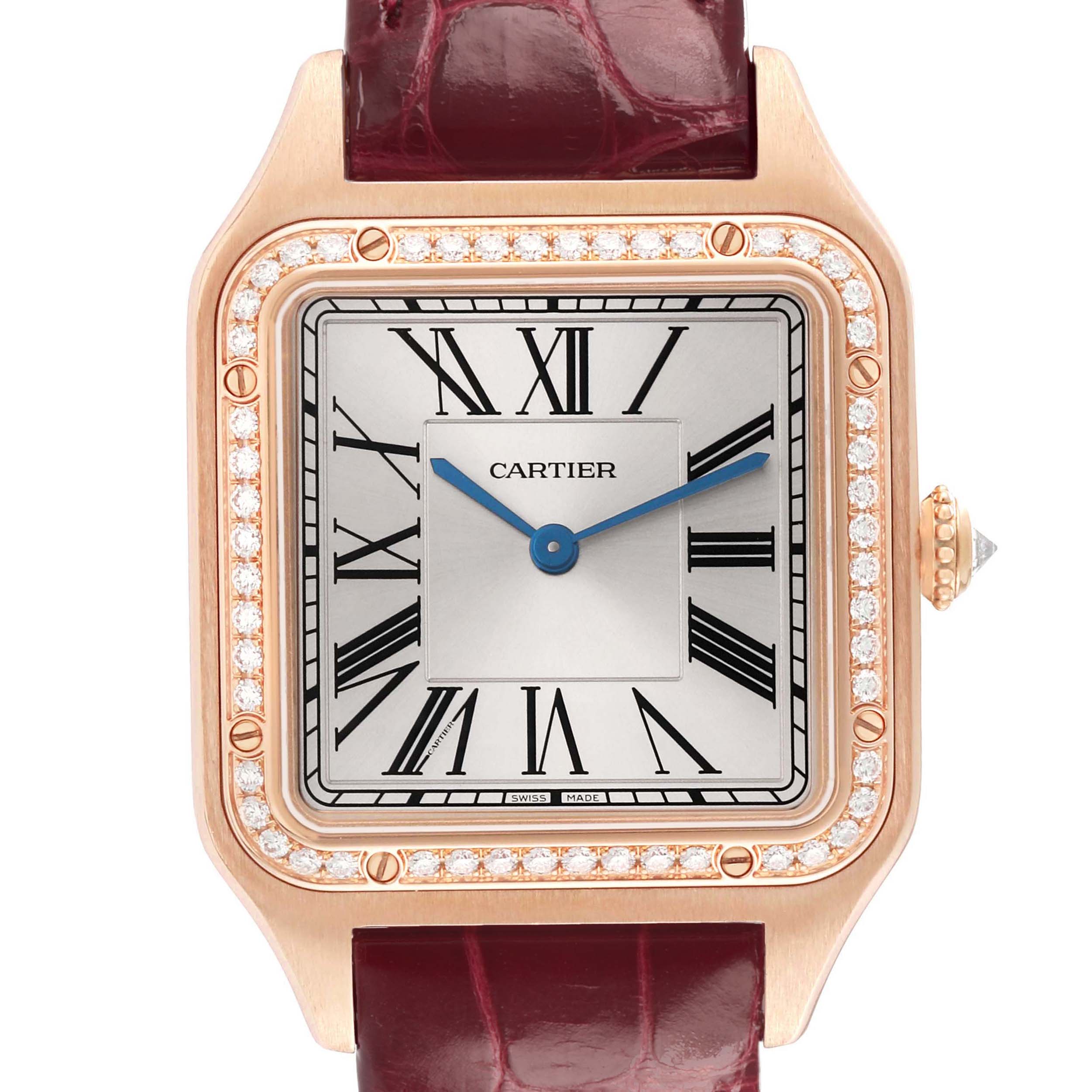 The Cartier Santos WJSA0016 Women's Rose Gold Silver Dial watch is shown from the front, displaying the face, bezel, and leather strap.