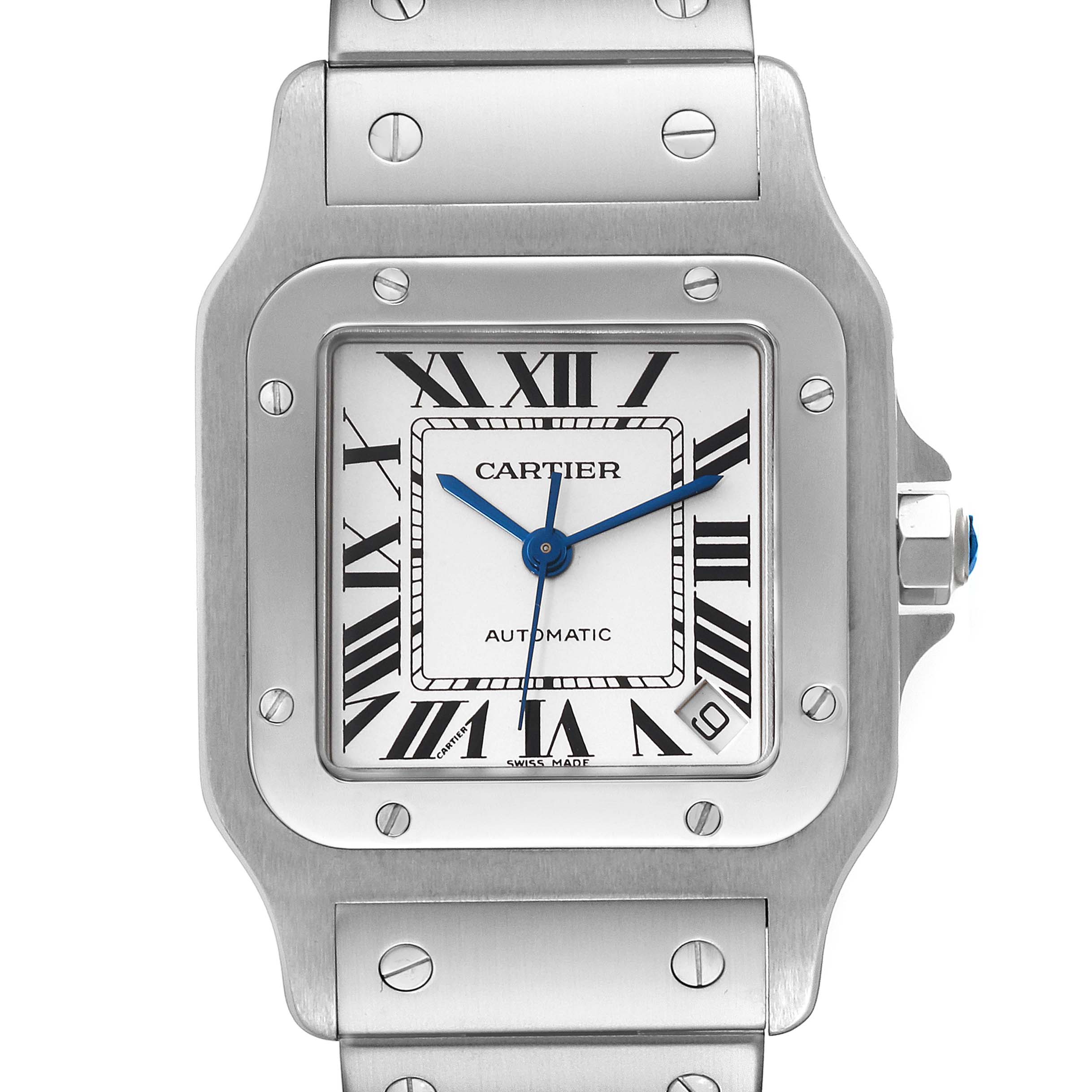 This image shows a front view of the Cartier Santos W20098D6 Men
s Stainless Steel Silver Dial W20098D6 Men
s Stainless Steel Silver Dial model watch, highlighting its dial, bezel, and part of the bracelet.
