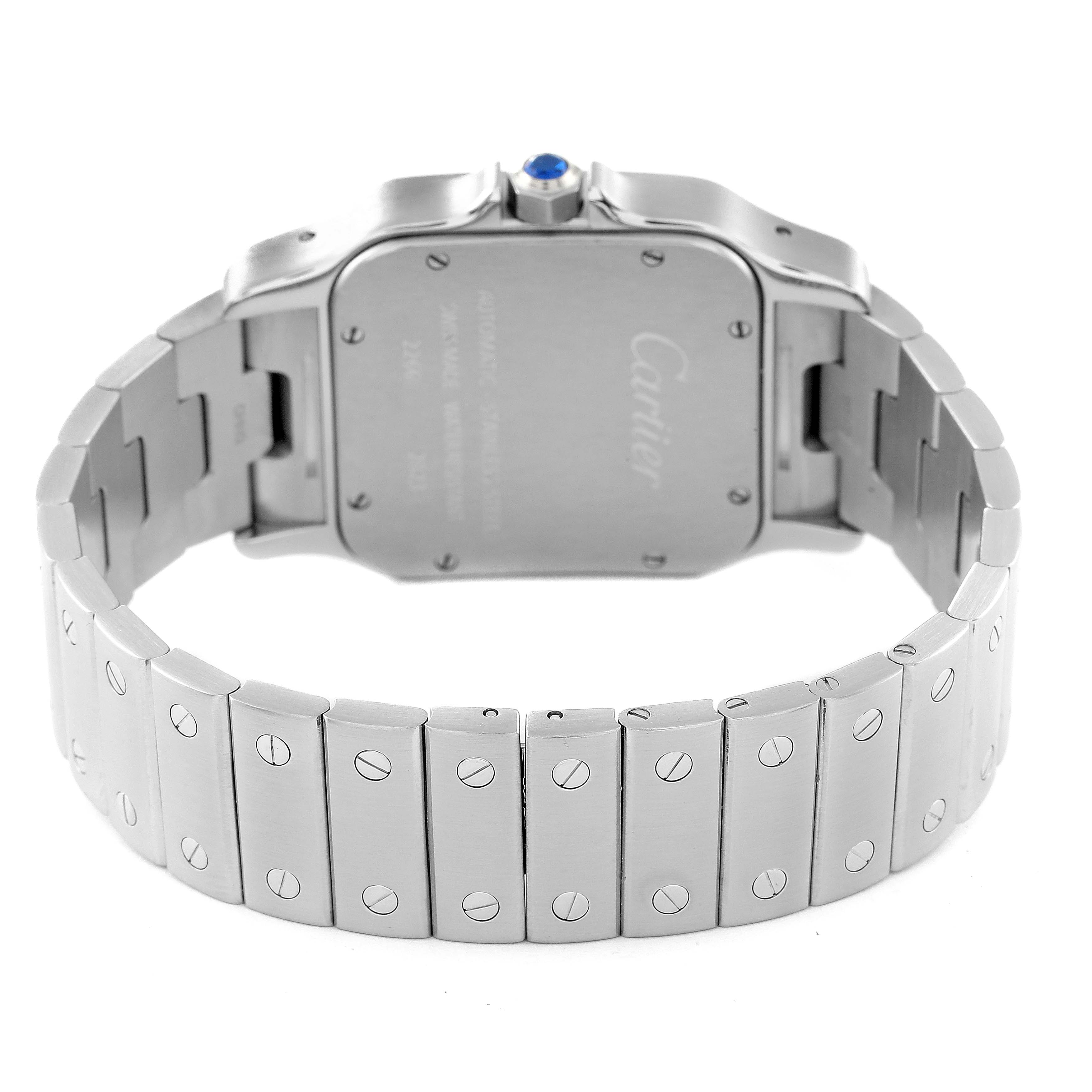 This image shows the back and bracelet of a Cartier Santos W20098D6 Men
s Stainless Steel Silver Dial W20098D6 Men
s Stainless Steel Silver Dial watch, highlighting the case back and metal links with screws.