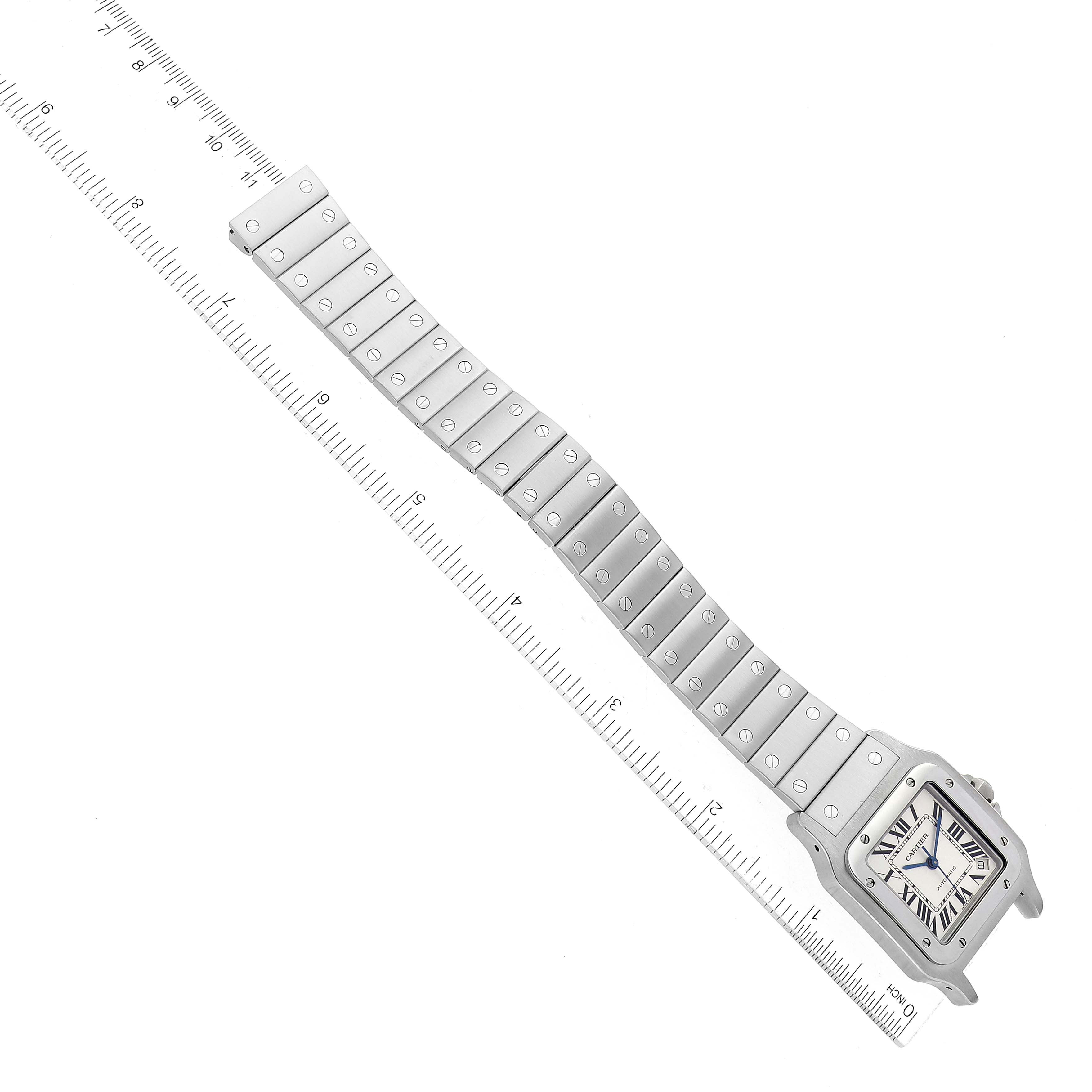 The image shows a top-down view of a Santos model Cartier watch with the watch face, bezel, and full metal bracelet visible.