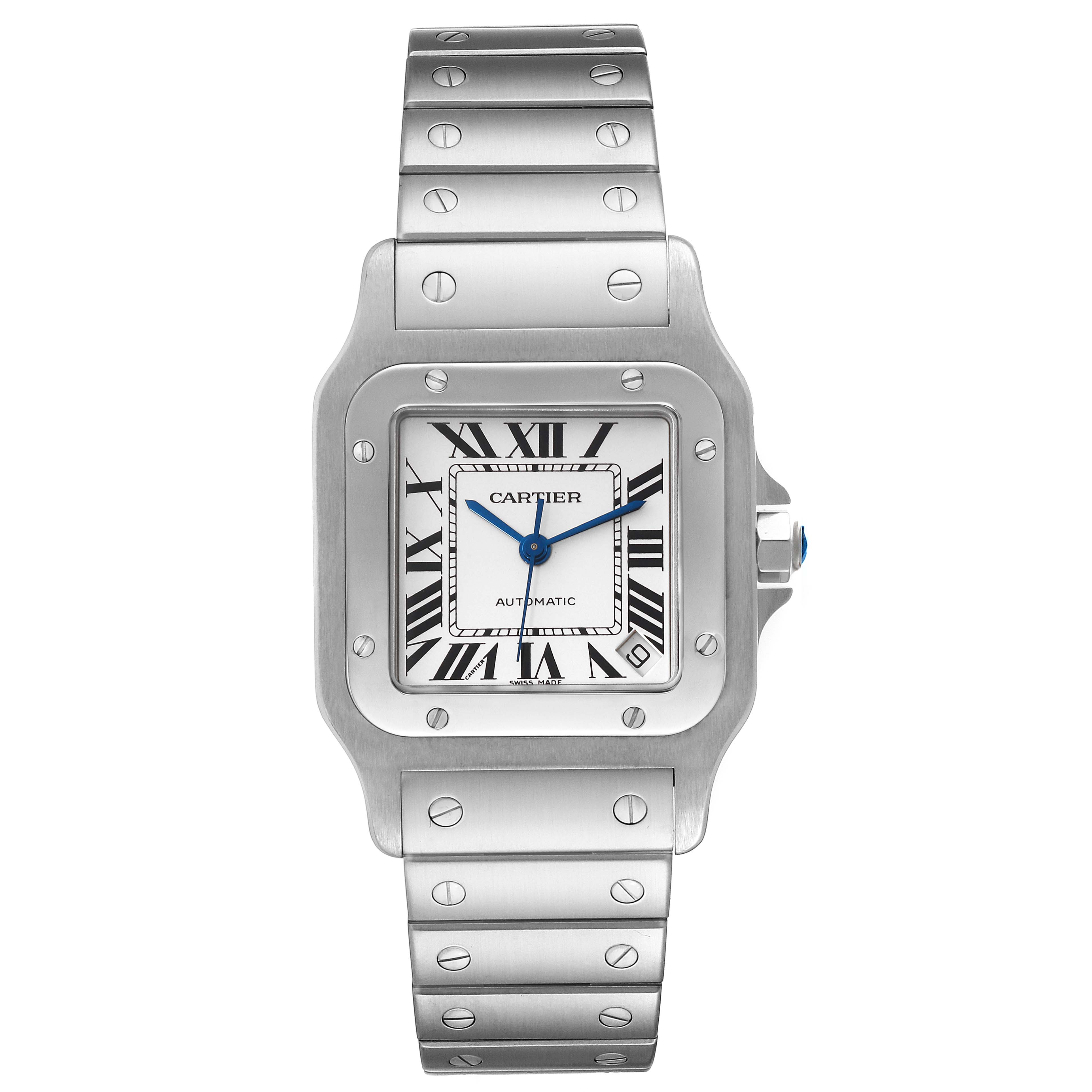 The image shows a front view of the Cartier Santos W20098D6 Men
s Stainless Steel Silver Dial W20098D6 Men
s Stainless Steel Silver Dial watch, highlighting its face, bezel, and metal bracelet with screws.