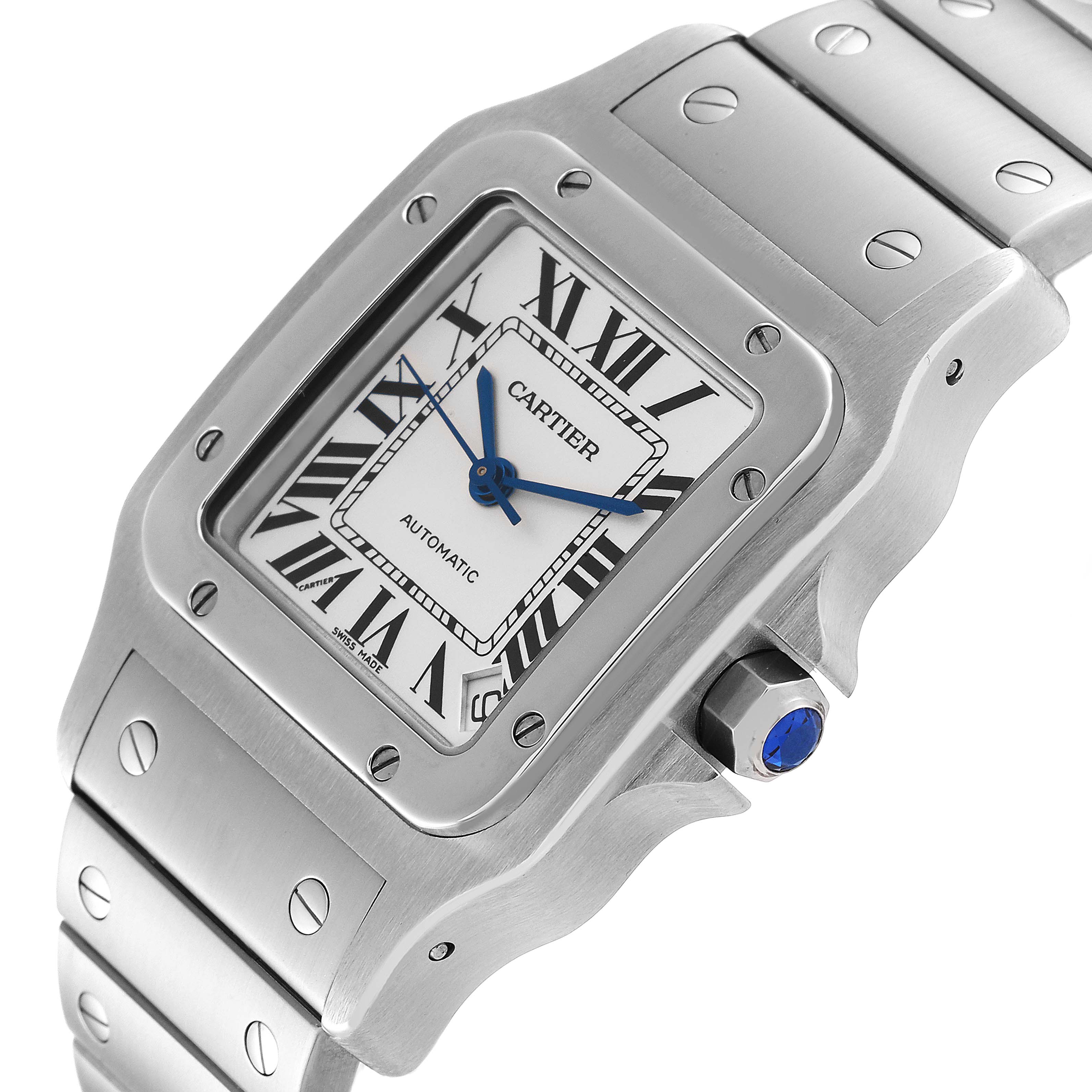 This image shows a close-up, angled view of the face, bezel, and bracelet of a Cartier Santos W20098D6 Men
s Stainless Steel Silver Dial W20098D6 Men
s Stainless Steel Silver Dial watch.