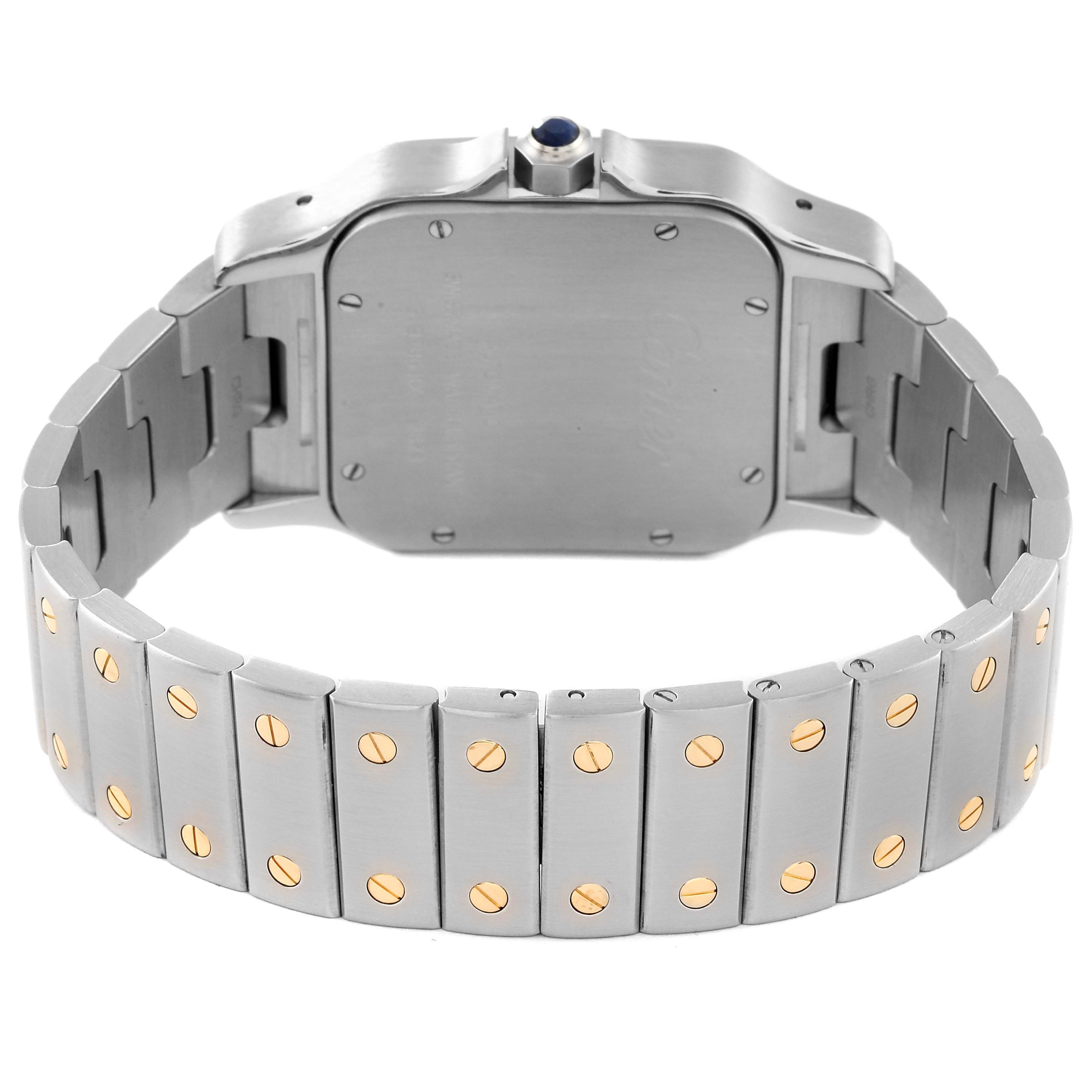 This image shows the back view of a Cartier Santos W20099C4 Men
s Steel and Gold (two tone) Silver Dial W20099C4 Men
s Steel and Gold (two tone) Silver Dial watch, highlighting its stainless steel case and bracelet with gold screws.