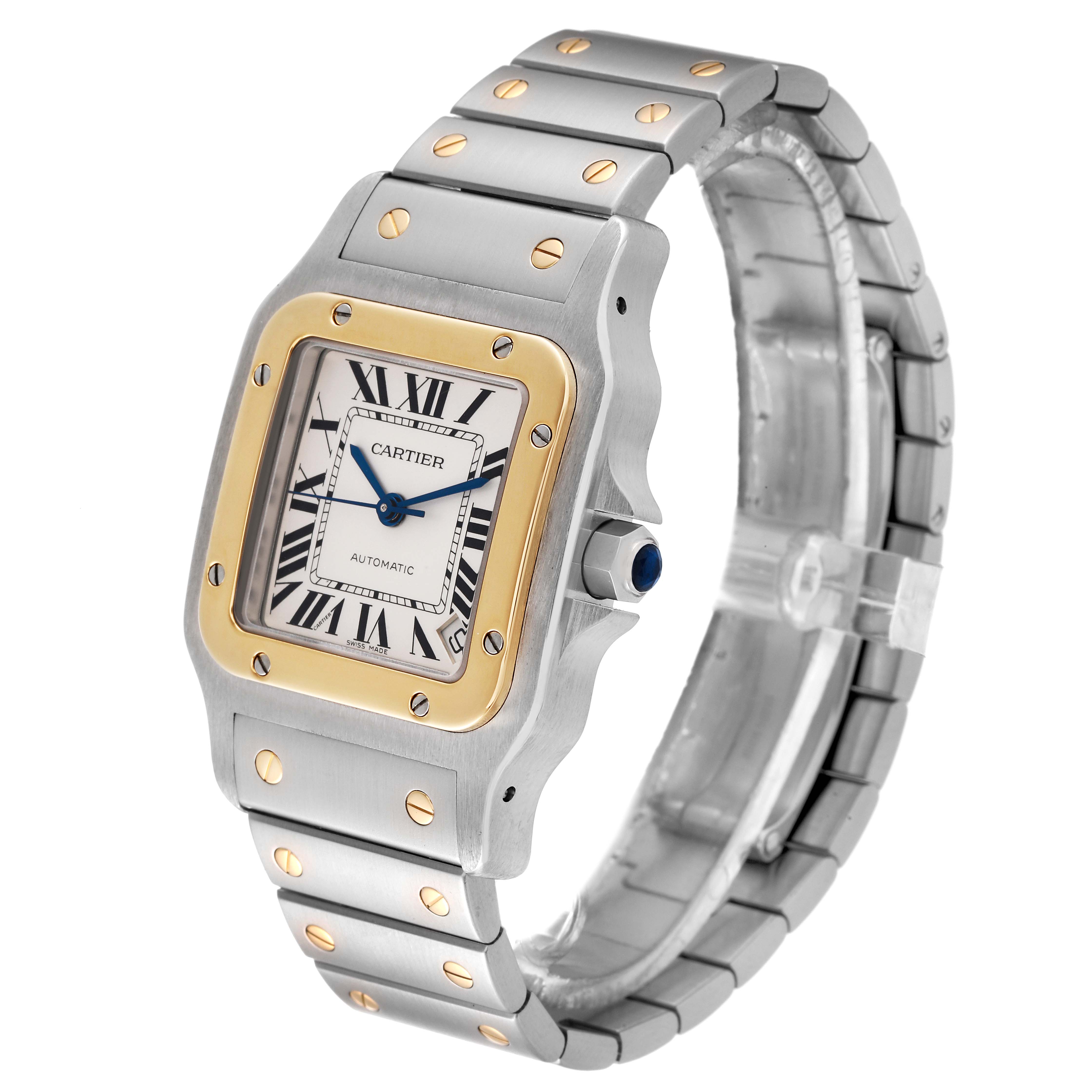 This image shows a three-quarter angle view of a Cartier Santos W20099C4 Men
s Steel and Gold (two tone) Silver Dial W20099C4 Men
s Steel and Gold (two tone) Silver Dial watch, highlighting its two-tone bezel, dial, and bracelet details.