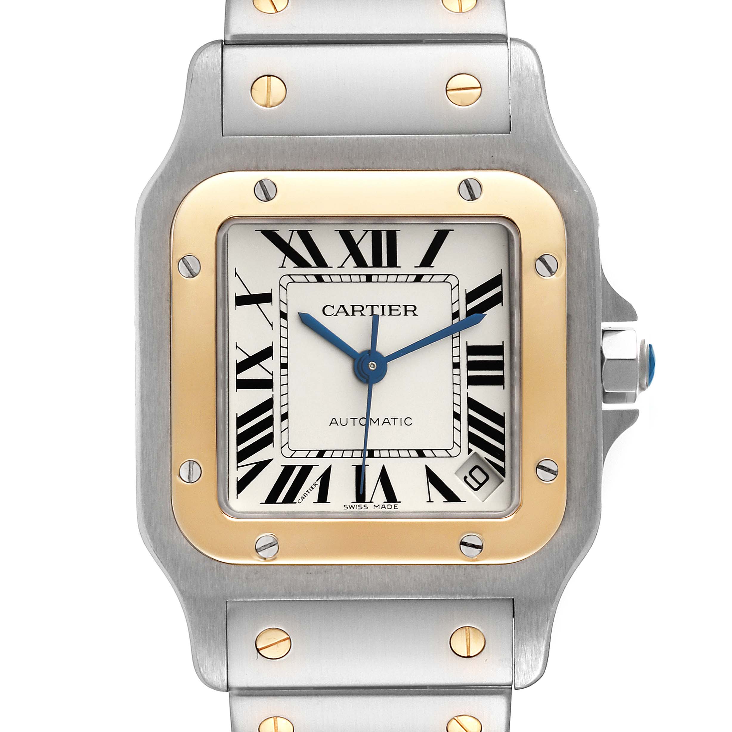 This image shows a front view of the Cartier Santos W20099C4 Men
s Steel and Gold (two tone) Silver Dial W20099C4 Men
s Steel and Gold (two tone) Silver Dial watch, featuring the dial, bezel, and part of the bracelet.