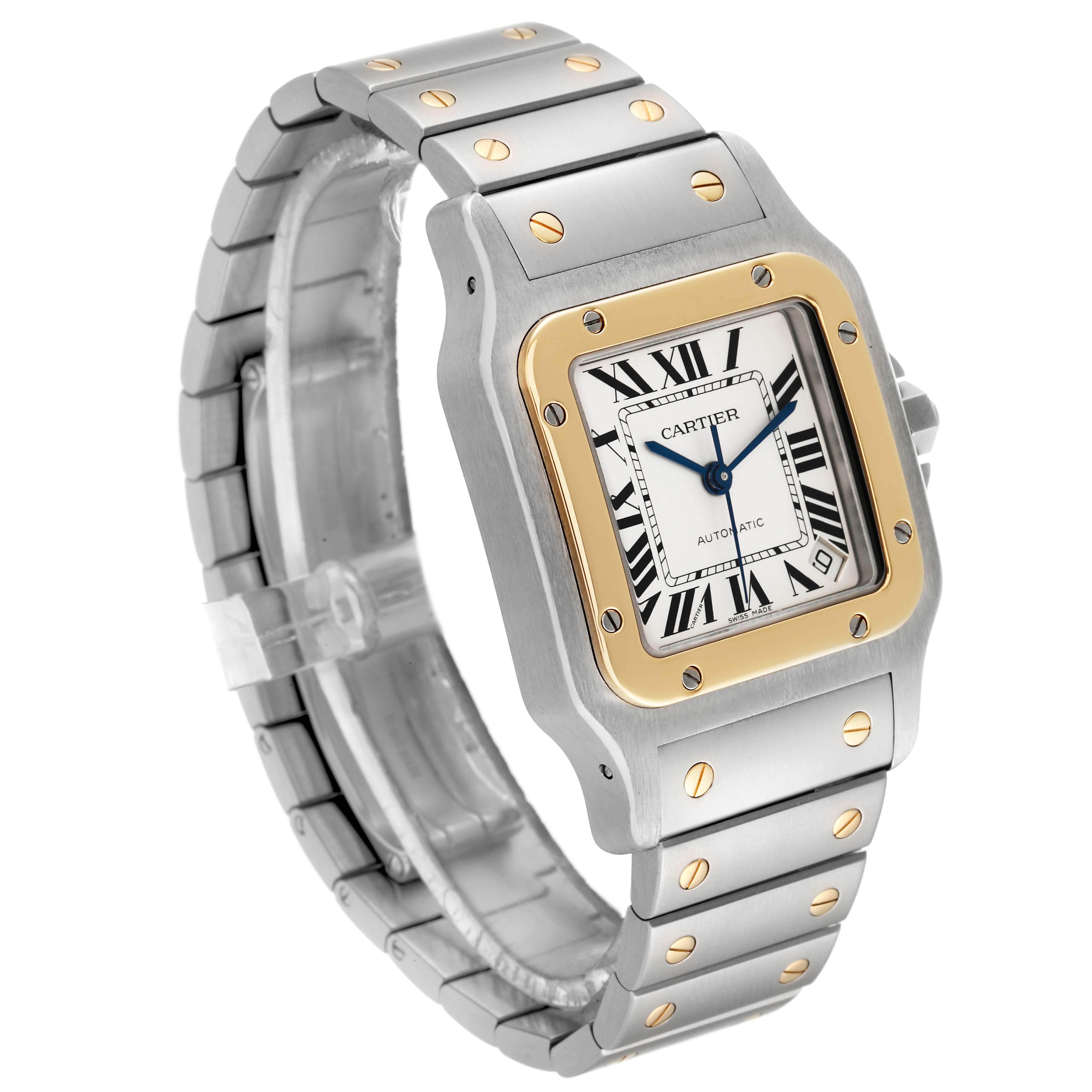 The Cartier Santos W20099C4 Men
s Steel and Gold (two tone) Silver Dial W20099C4 Men
s Steel and Gold (two tone) Silver Dial watch is shown at a three-quarter angle, displaying its face, bezel, and bracelet.