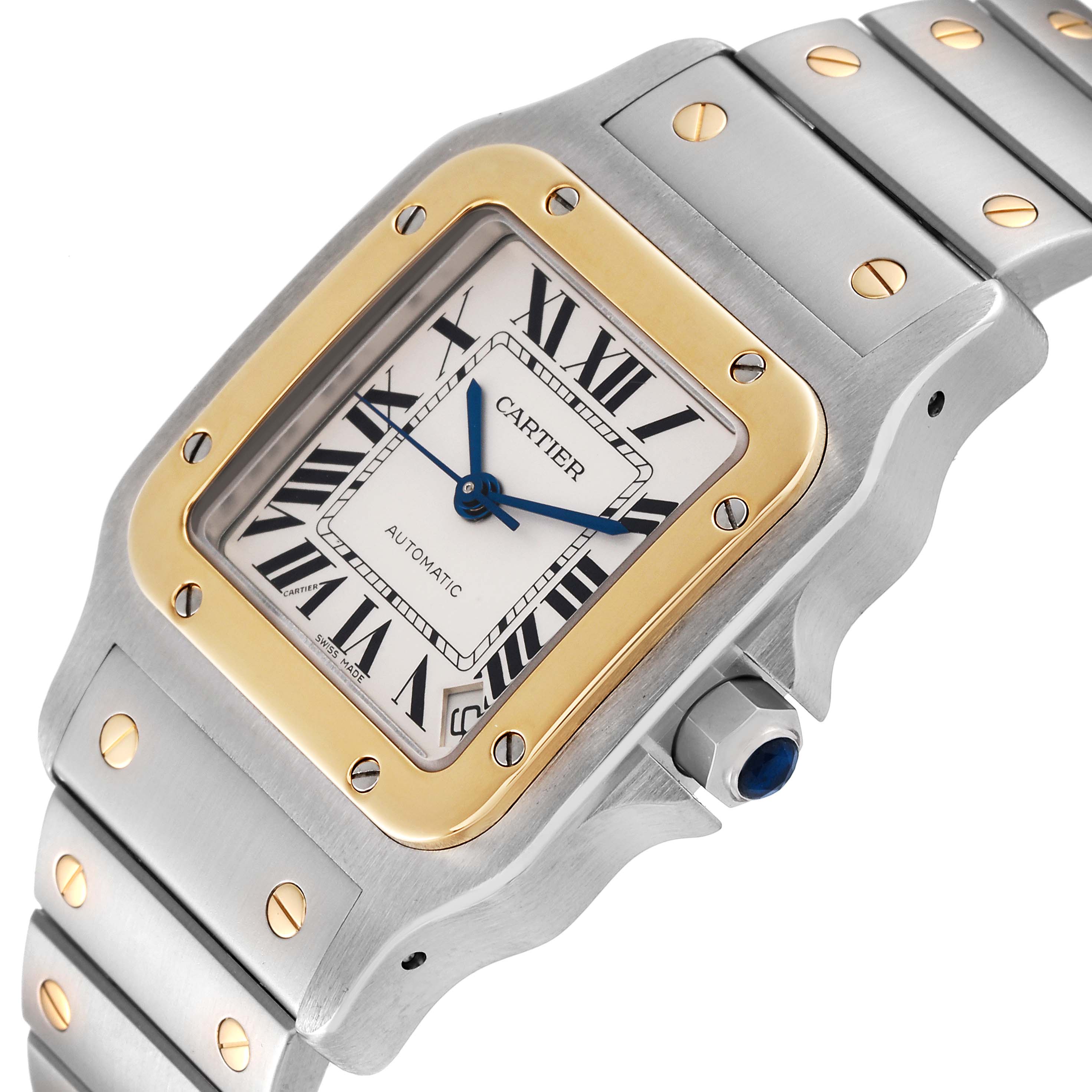The image shows a close-up of a Cartier Santos W20099C4 Men
s Steel and Gold (two tone) Silver Dial W20099C4 Men
s Steel and Gold (two tone) Silver Dial watch, highlighting its dial, bracelet, and crown from an angled top view.
