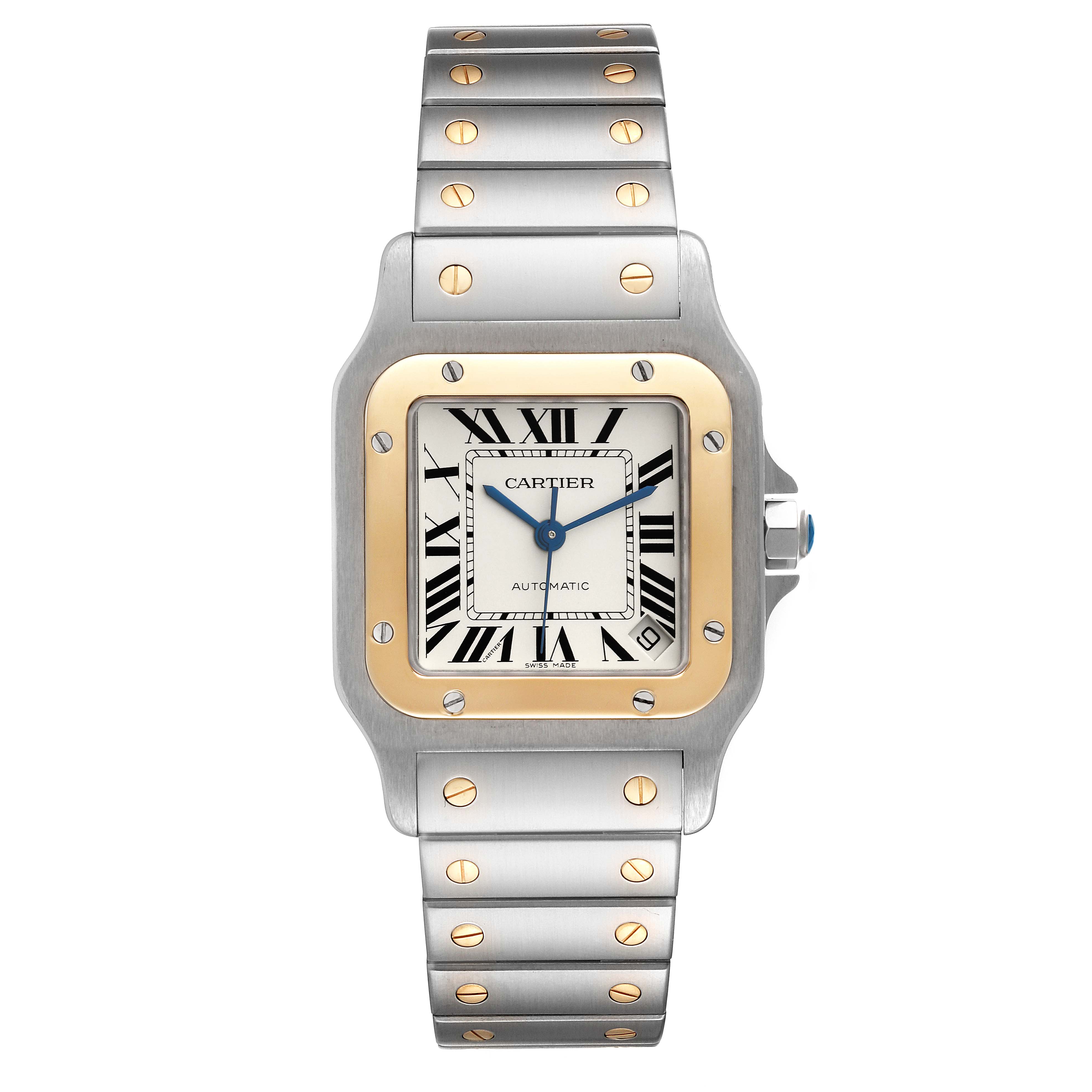The Cartier Santos W20099C4 Men
s Steel and Gold (two tone) Silver Dial W20099C4 Men
s Steel and Gold (two tone) Silver Dial watch is shown from a front angle, displaying its face, bezel, and bracelet.
