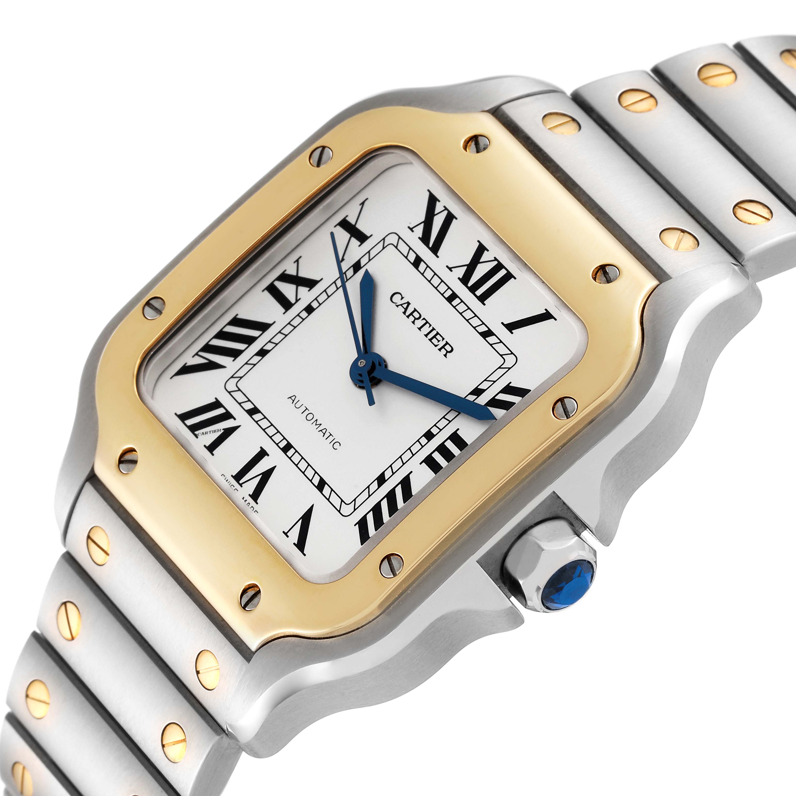 The image shows a close-up angled view of the Cartier Santos W2SA0016 Men
s Steel and Gold (two tone) Silver Dial W2SA0016 Men
s Steel and Gold (two tone) Silver Dial watch, highlighting its face, bezel, and bracelet.