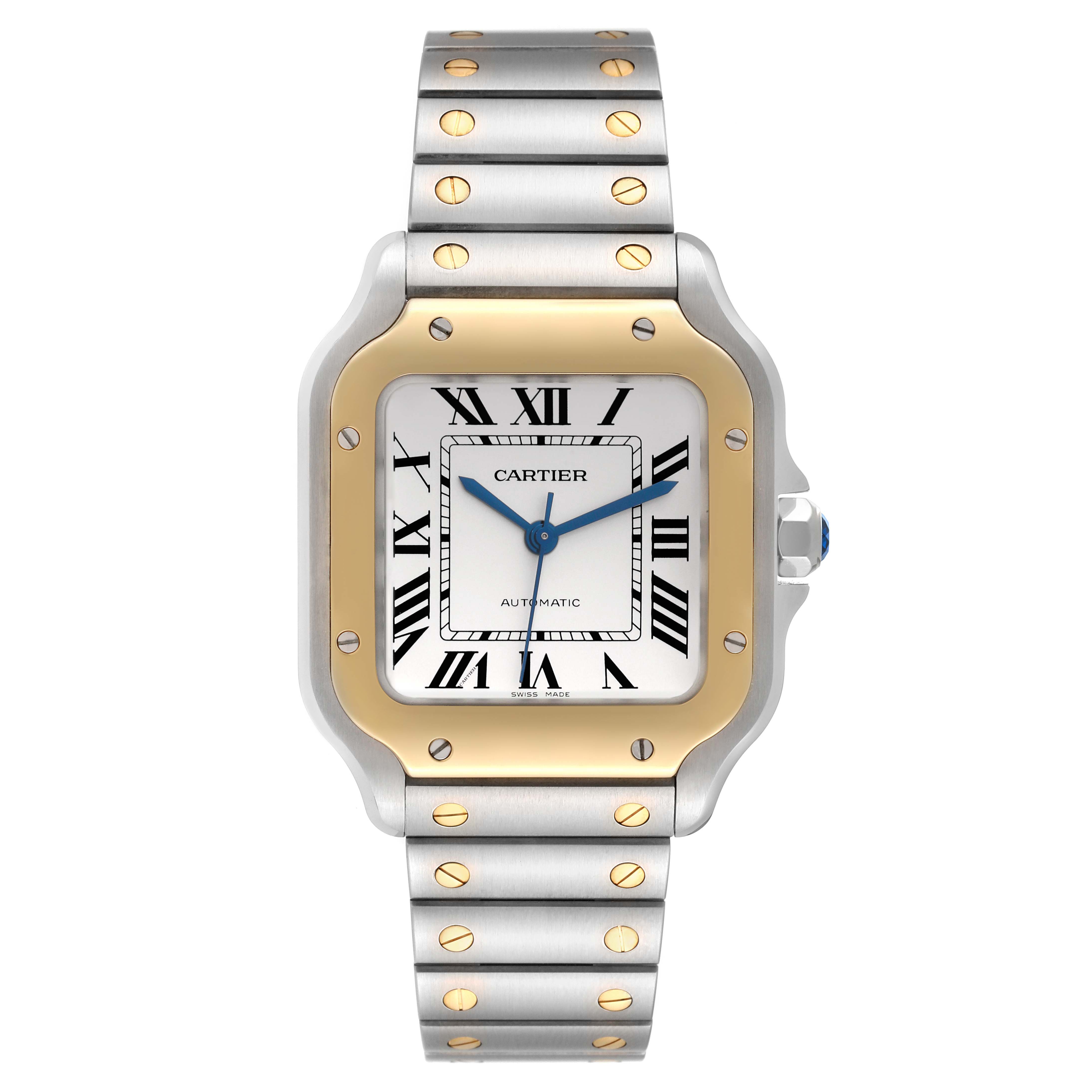 This is a front view of the Cartier Santos W2SA0016 Men
s Steel and Gold (two tone) Silver Dial W2SA0016 Men
s Steel and Gold (two tone) Silver Dial watch, showing the face, bezel, and bracelet.
