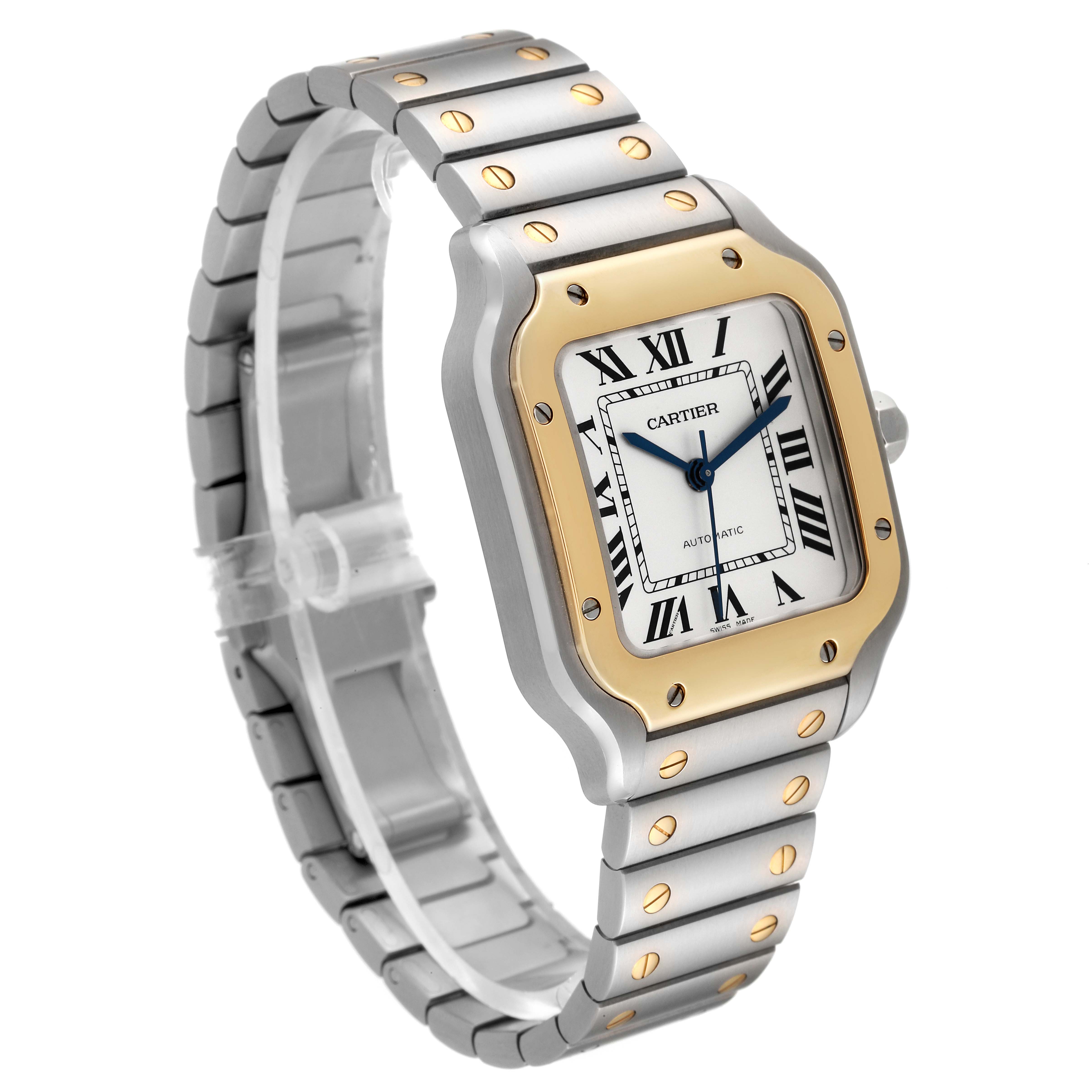 The Santos model by Cartier is displayed from an angled side view, showcasing the face, bezel, and bracelet.